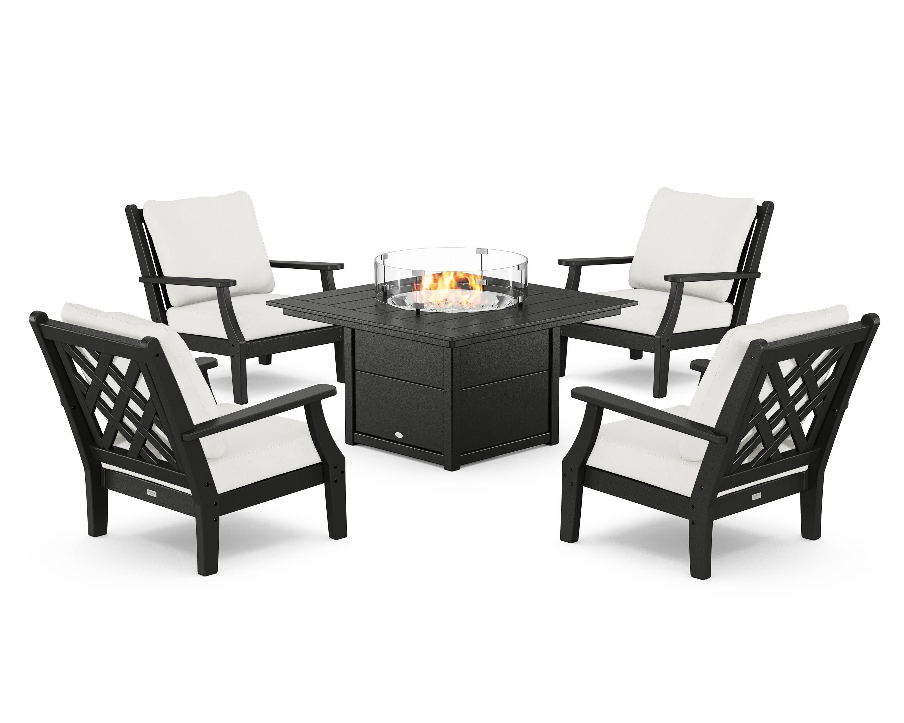 Wovendale 5-Piece Deep Seating Set with Fire Pit Table in Black / Natural Linen