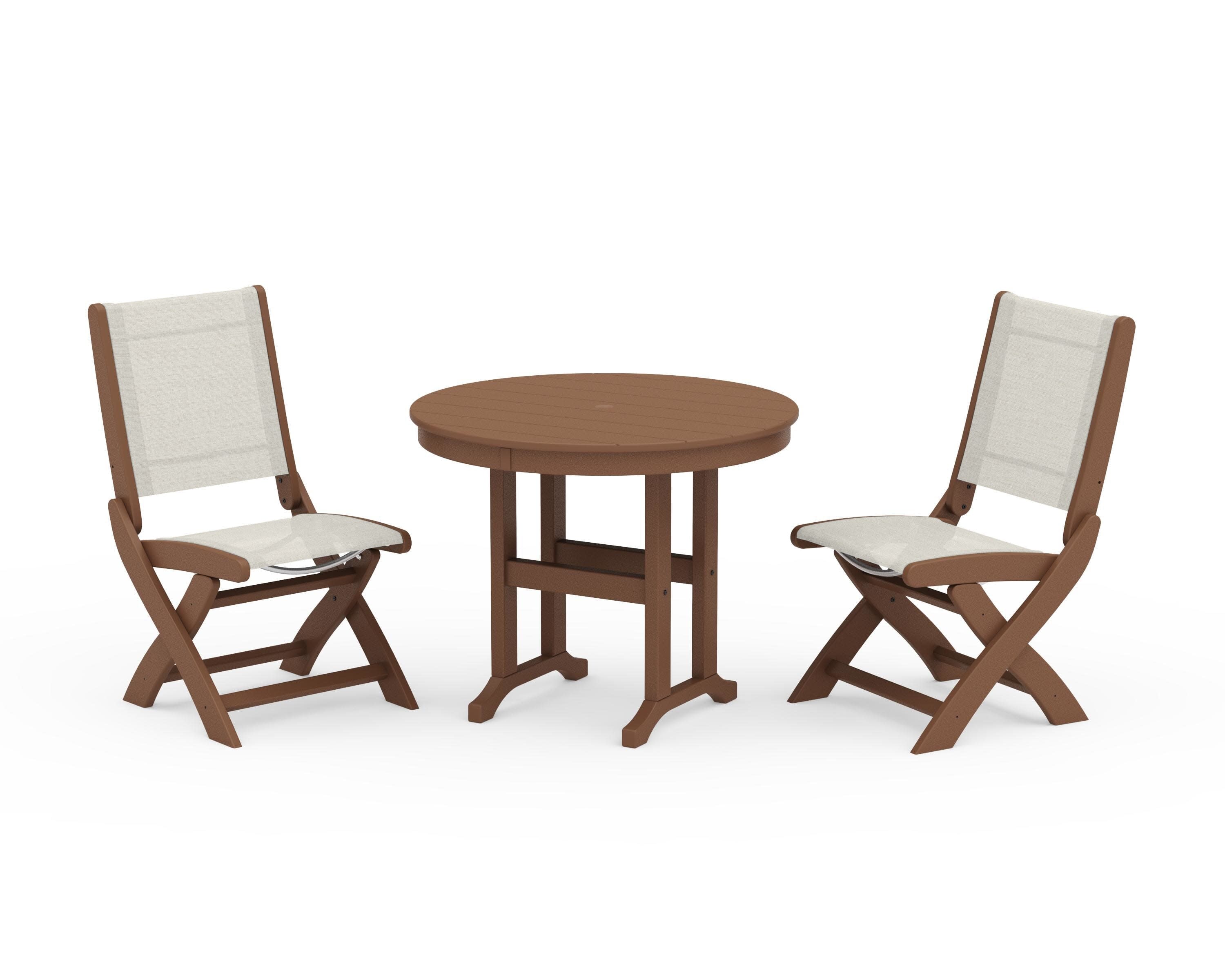 Coastal Folding Side Chair 3-Piece Round Dining Set in Teak / Parchment Sling