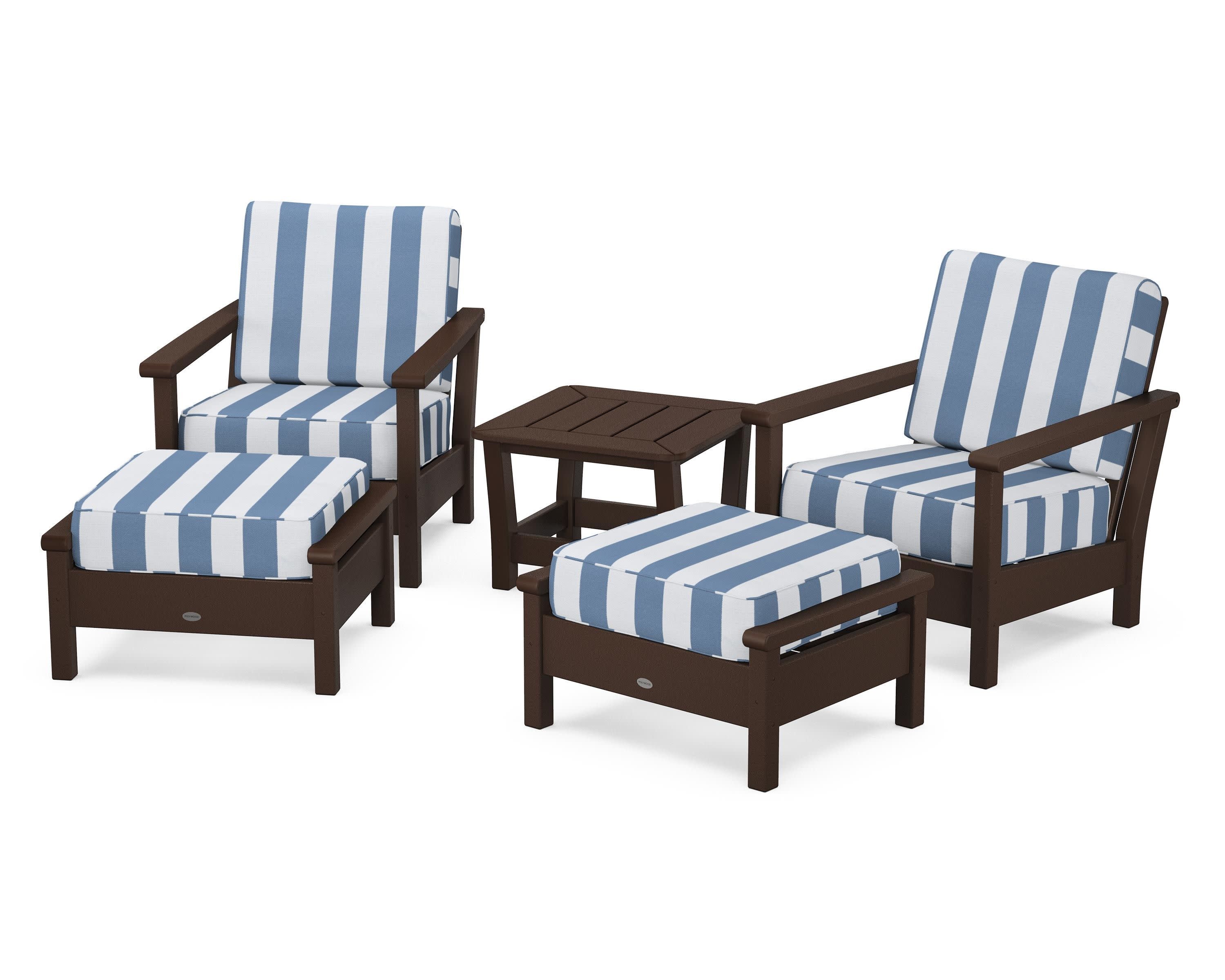 Harbour 5-Piece Deep Seating Chair Set in Mahogany / Cabana Stripe Sky Blue