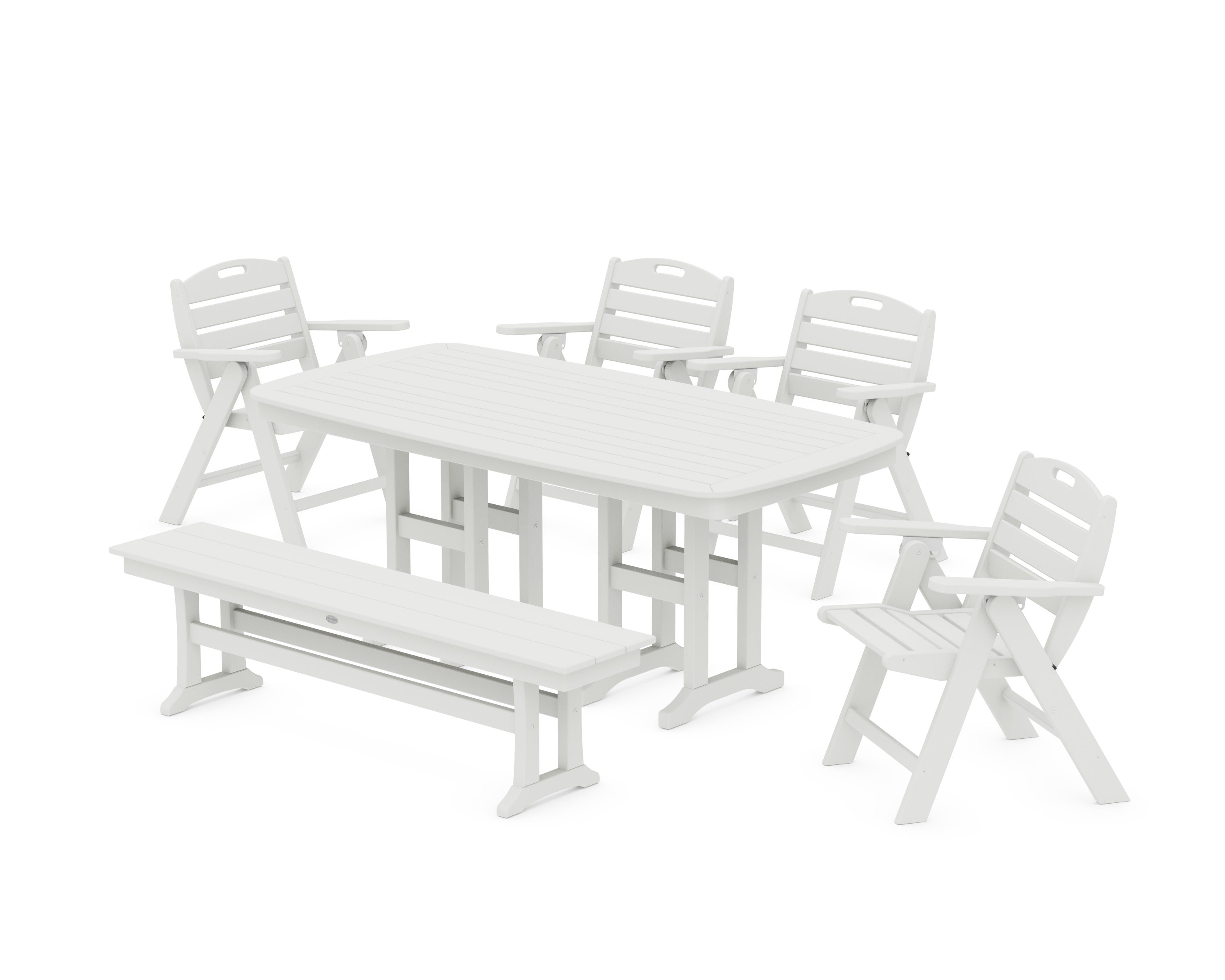 Nautical Lowback 6-Piece Dining Set with Bench in Vintage White