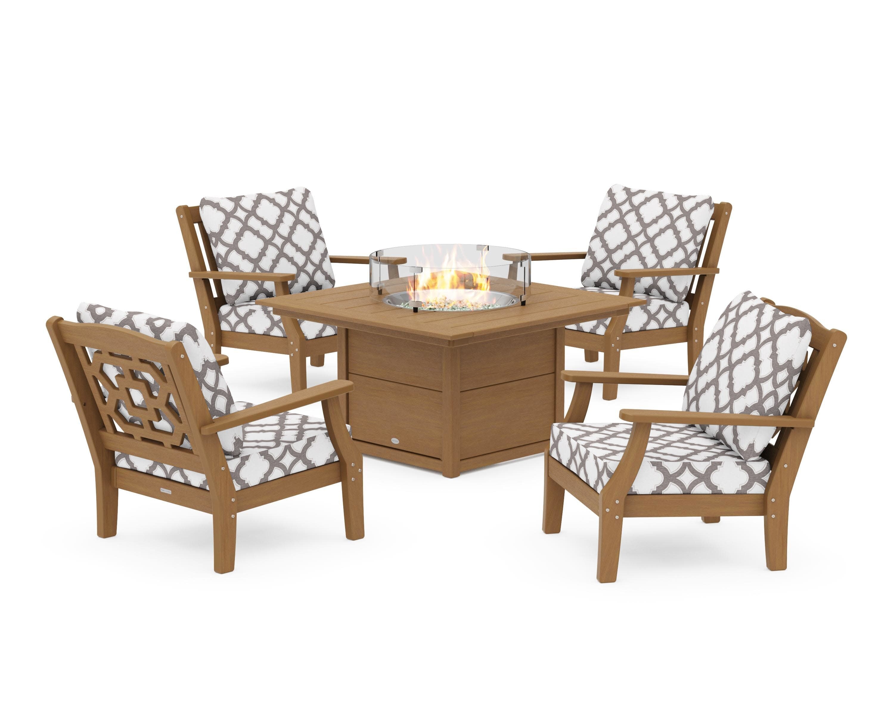 Chinoiserie 5-Piece Deep Seating Set with Fire Pit Table in Natural / Trellis Grey Mist