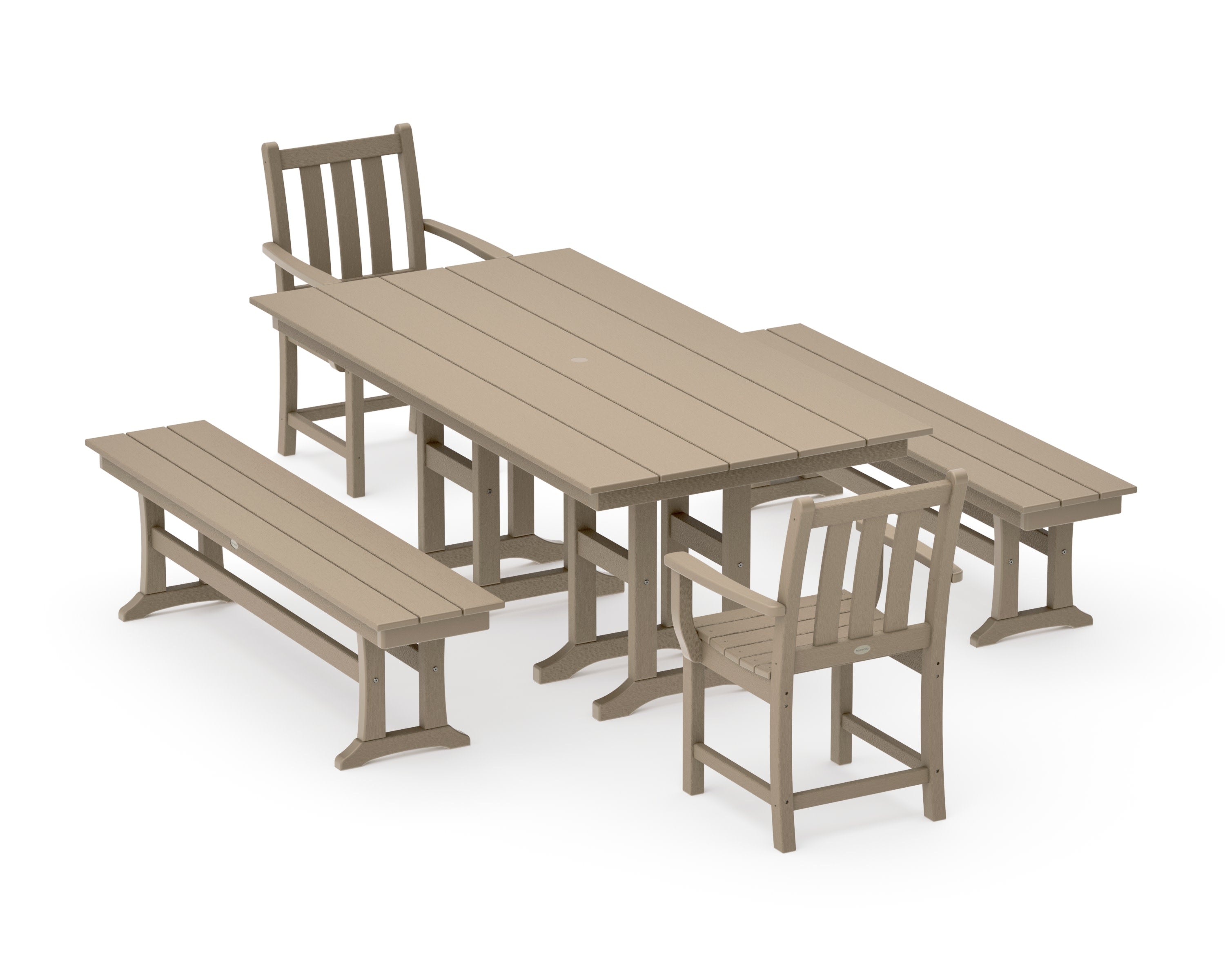 Traditional Garden 5-Piece Farmhouse Dining Set with Benches in Vintage Sahara