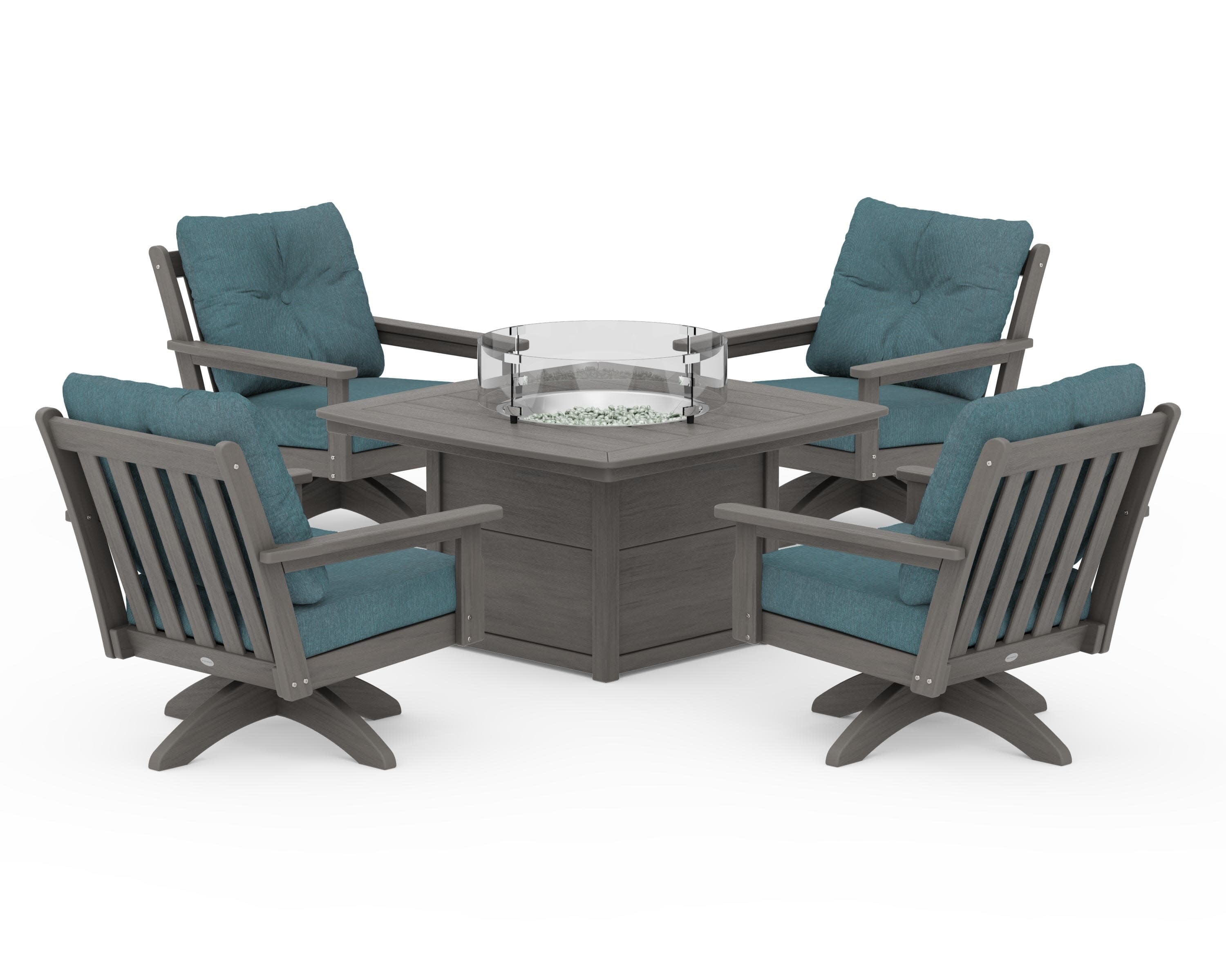 Vineyard 5-Piece Deep Seating Swivel Conversation Set with Fire Pit Table in Driftwood / Ocean Teal