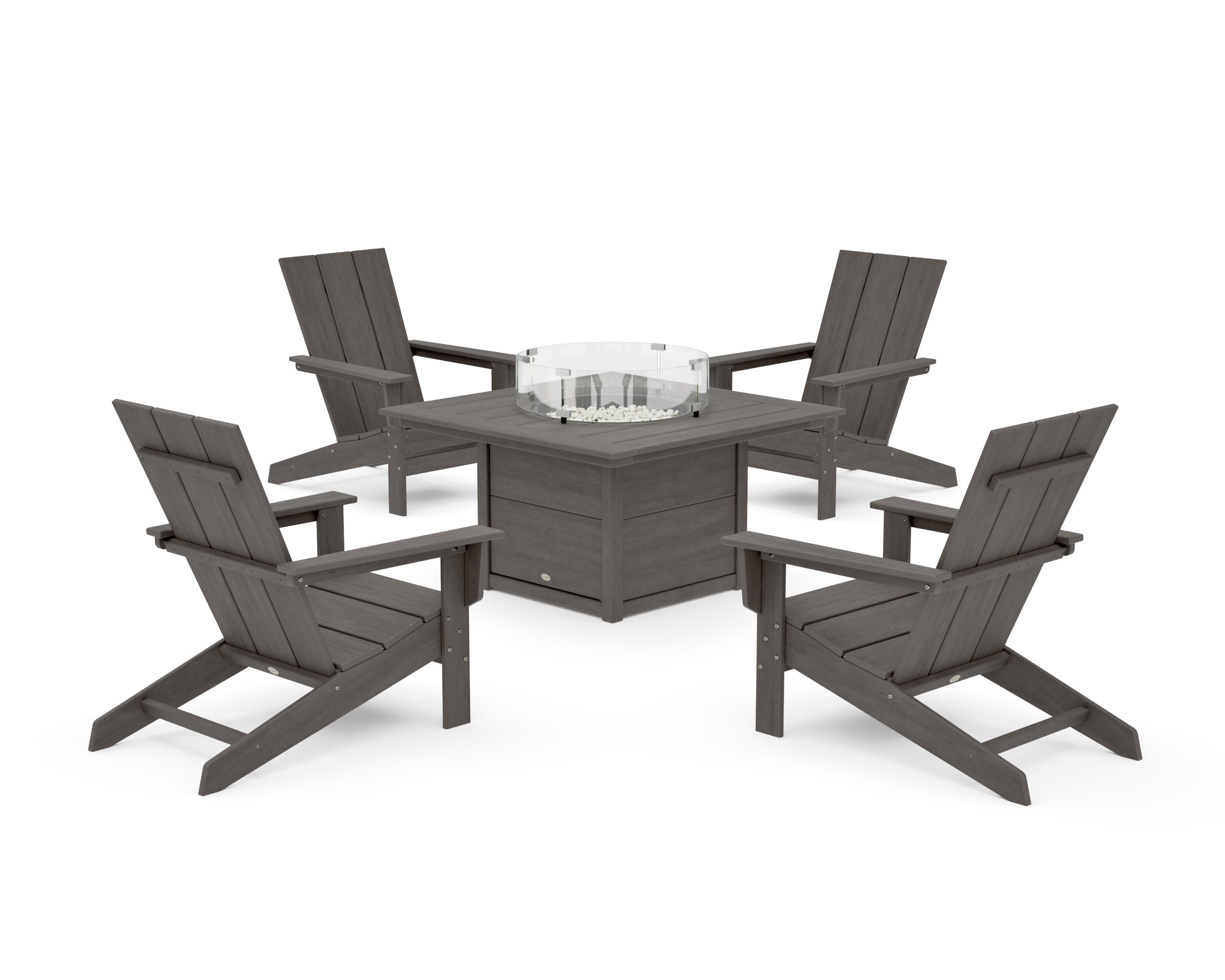 5-Piece Modern Studio Adirondack Conversation Set with Fire Pit Table in Driftwood