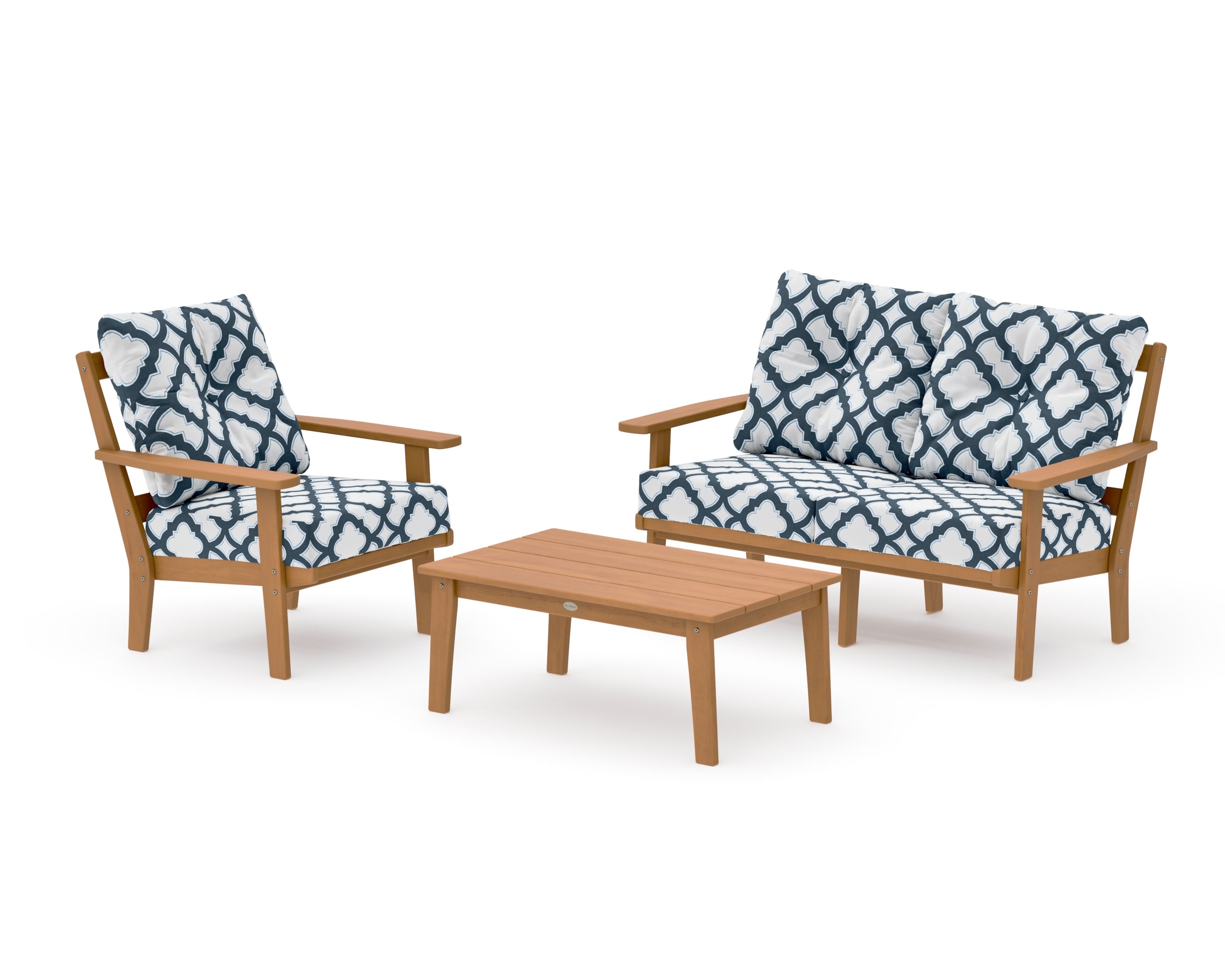 Oxford 3-Piece Deep Seating Set with Loveseat in Natural / Trellis Marine Indigo