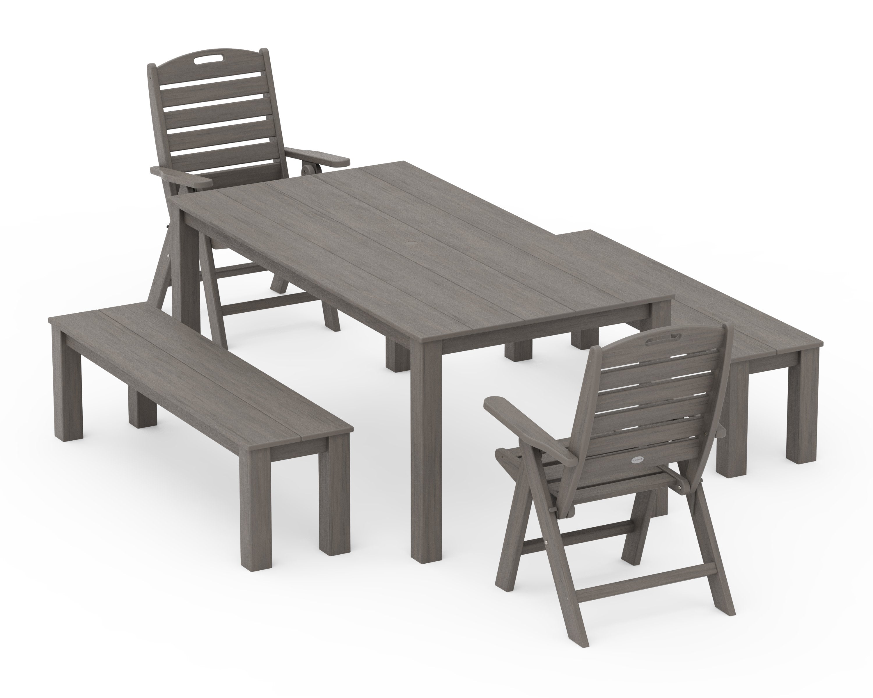 Nautical Folding Highback Chair 5-Piece Parsons Dining Set with Benches in Driftwood