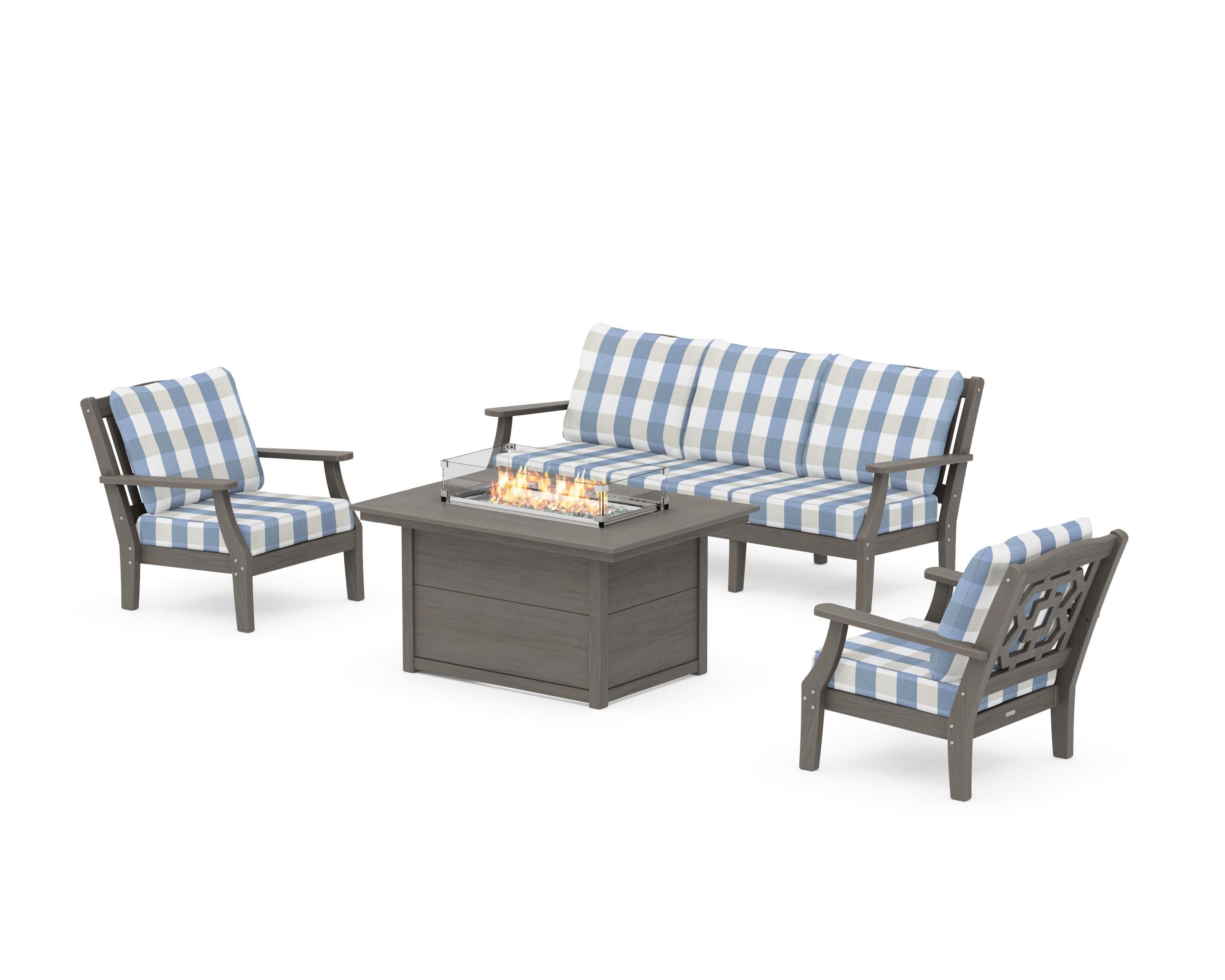 Chinoiserie Deep Seating Fire Pit Table Set in Driftwood / Buffalo Plaid Sky Blue