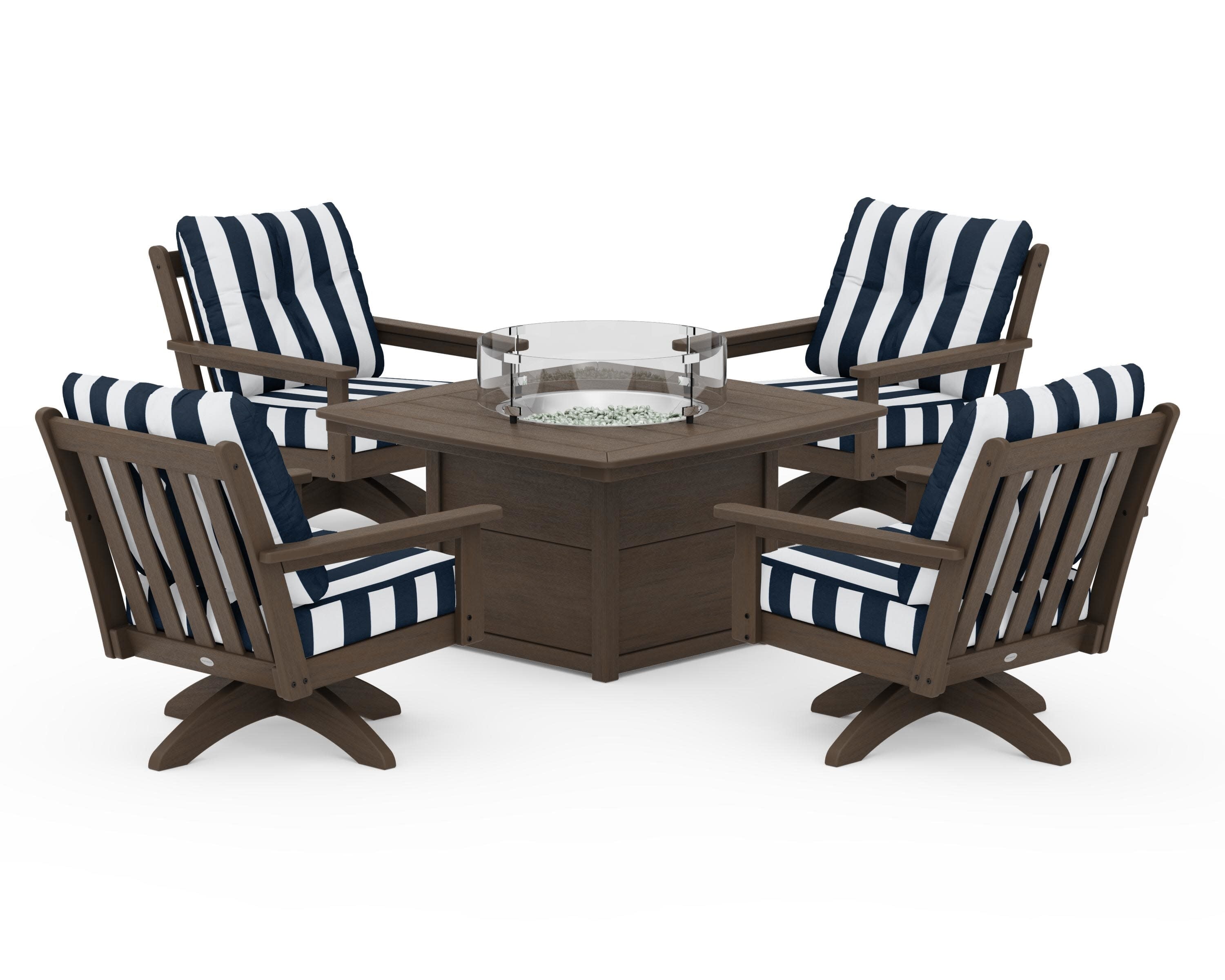 Vineyard 5-Piece Deep Seating Swivel Conversation Set with Fire Pit Table in Kona / Cabana Stripe Marine Indigo
