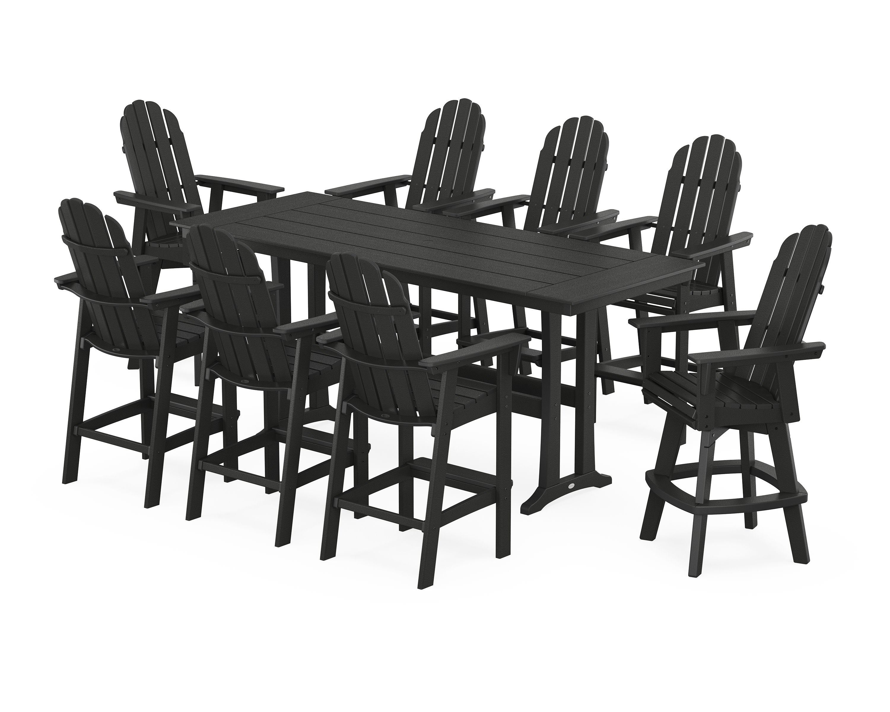 Vineyard Curveback Adirondack Swivel 9-Piece Farmhouse Bar Set with Trestle Legs in Black