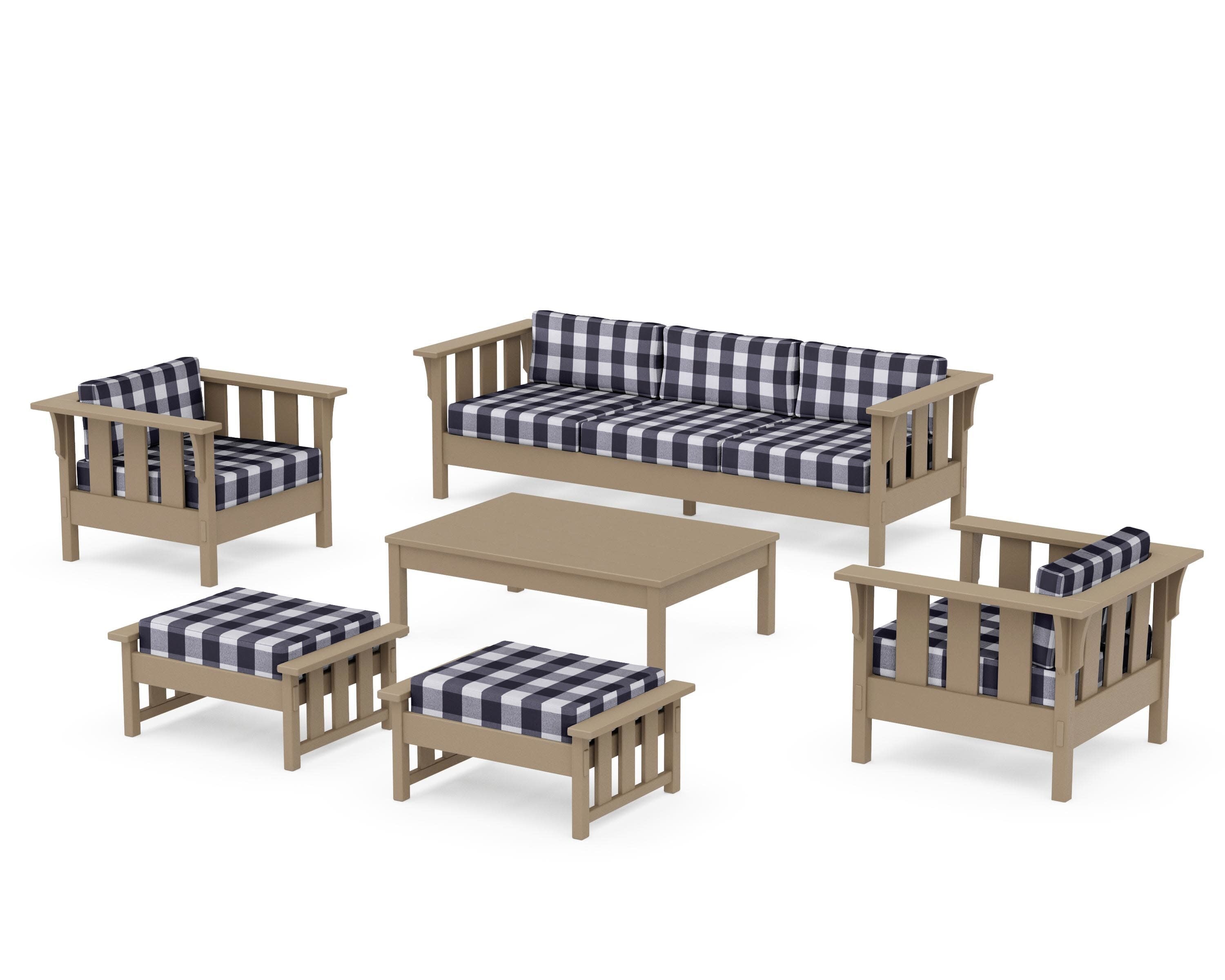 Acadia 6-Piece Lounge Sofa Set in Vintage Sahara / Buffalo Plaid Navy