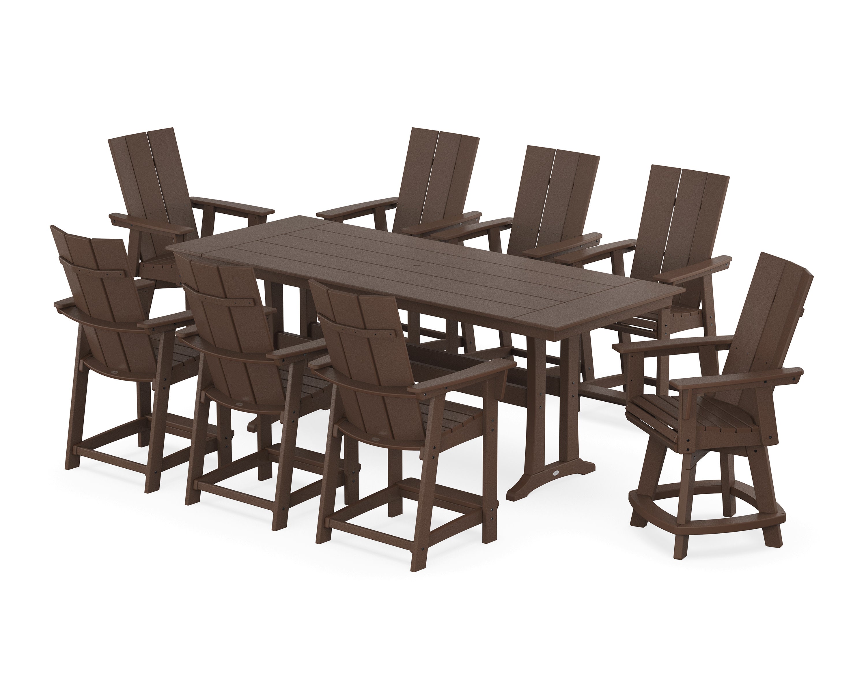 Modern Curveback Adirondack Swivel 9-Piece Farmhouse Counter Set with Trestle Legs in Mahogany