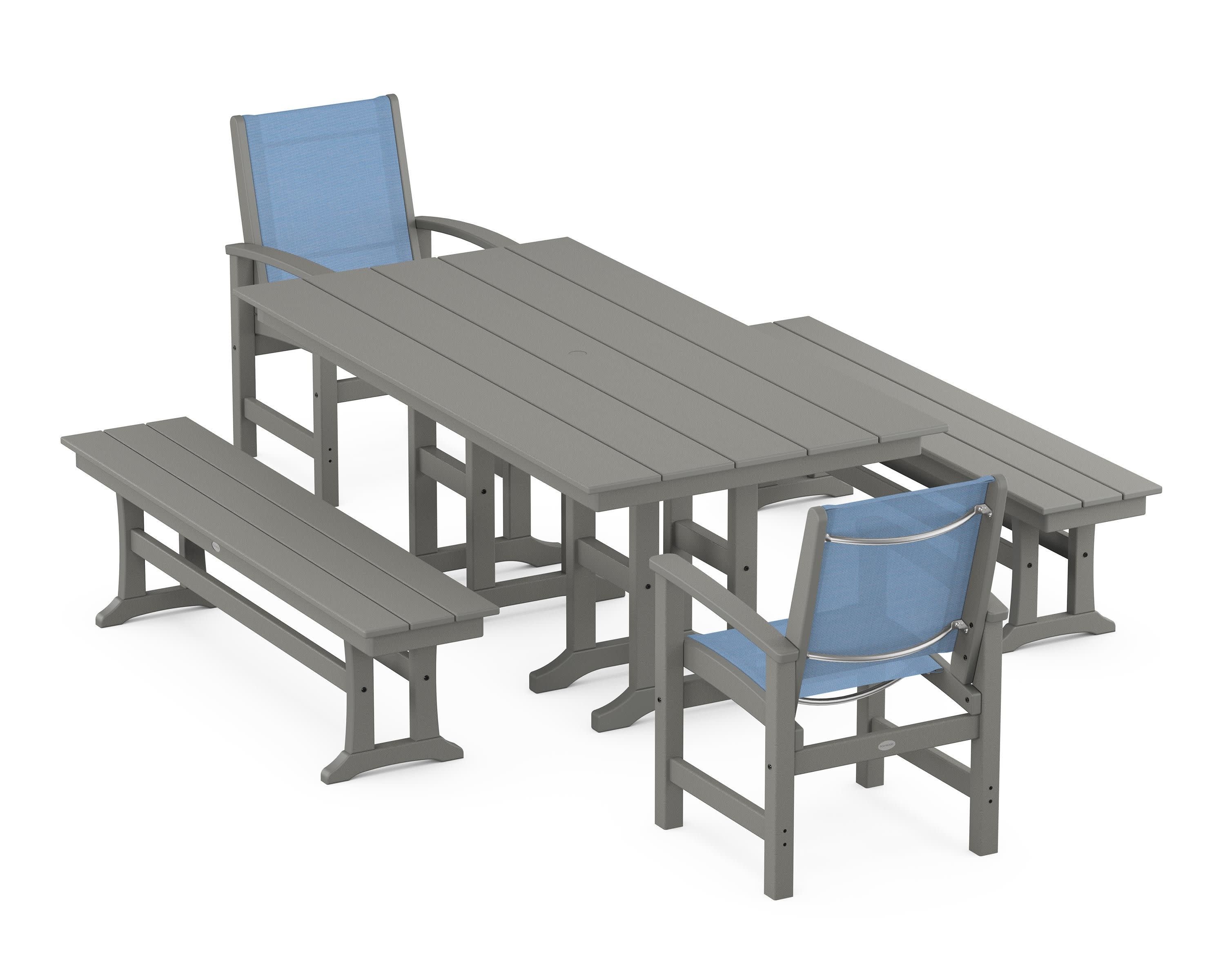 Coastal 5-Piece Farmhouse Dining Set in Slate Grey / Poolside Sling