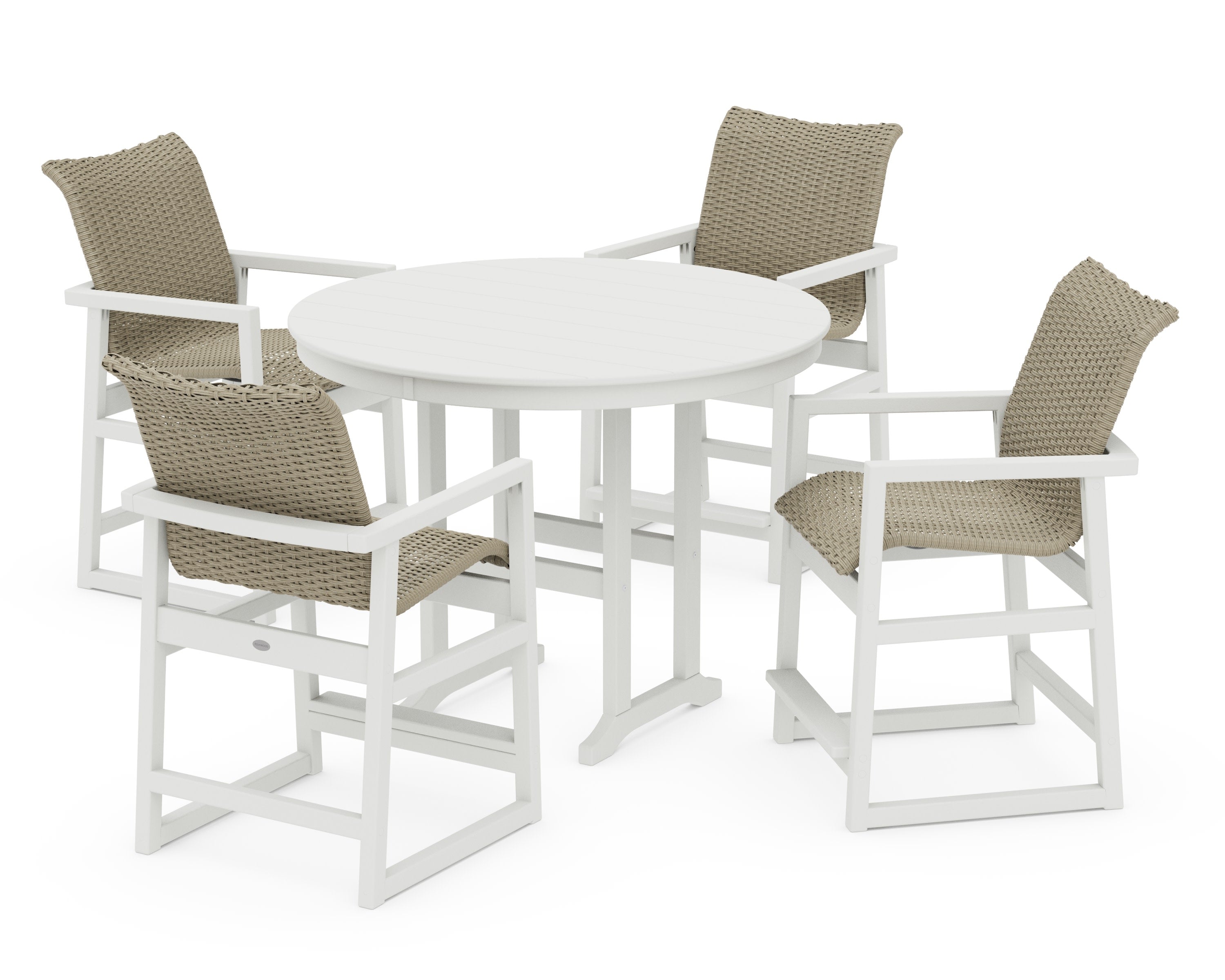 EDGE Woven 5-Piece Round Farmhouse Counter Set in Vintage White / Dune Grass
