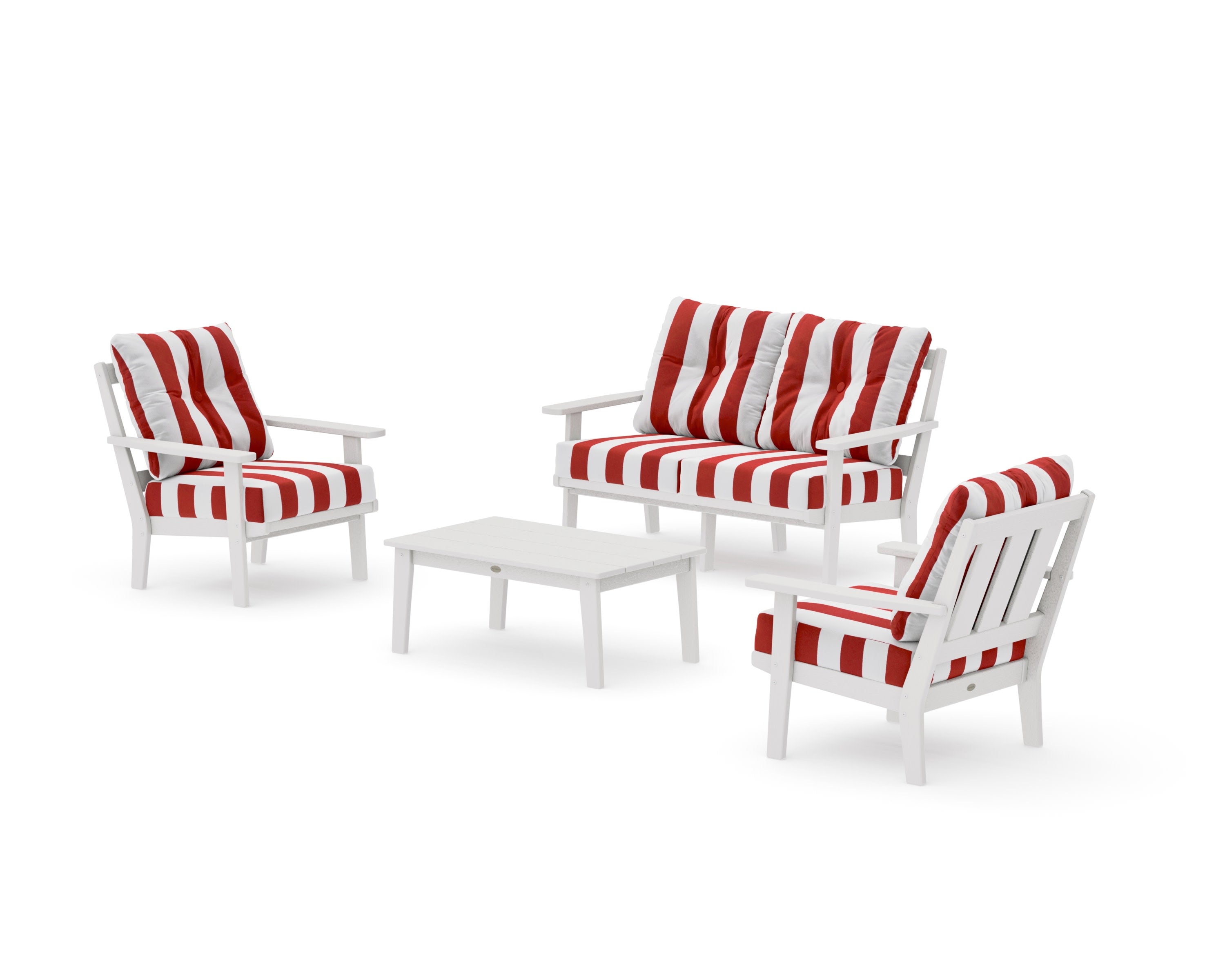 Oxford 4-Piece Deep Seating Set with Loveseat in Vintage White / Cabana Stripe Crimson