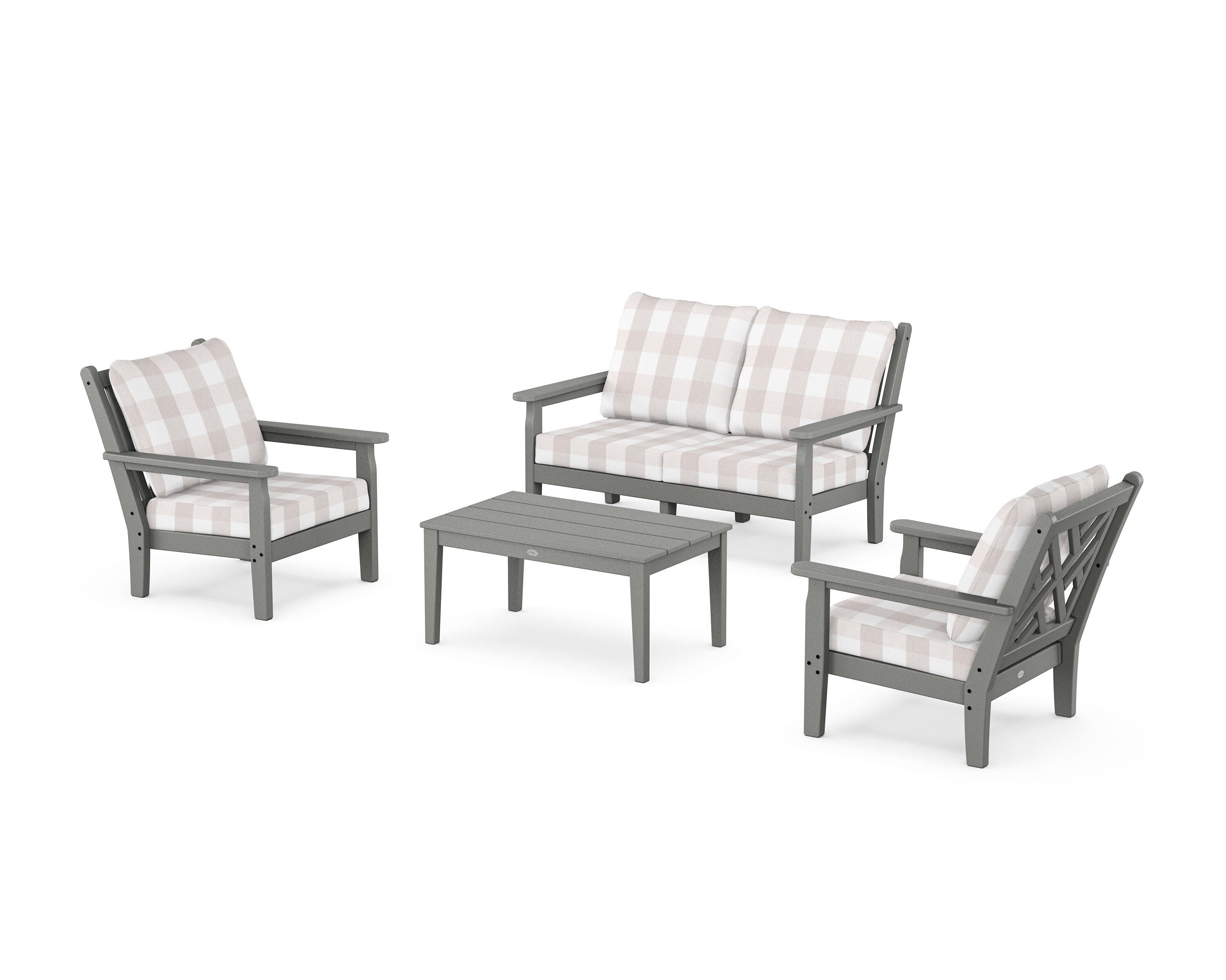 Chippendale 4-Piece Deep Seating Set with Loveseat in Slate Grey / Buffalo Plaid Dune Burlap