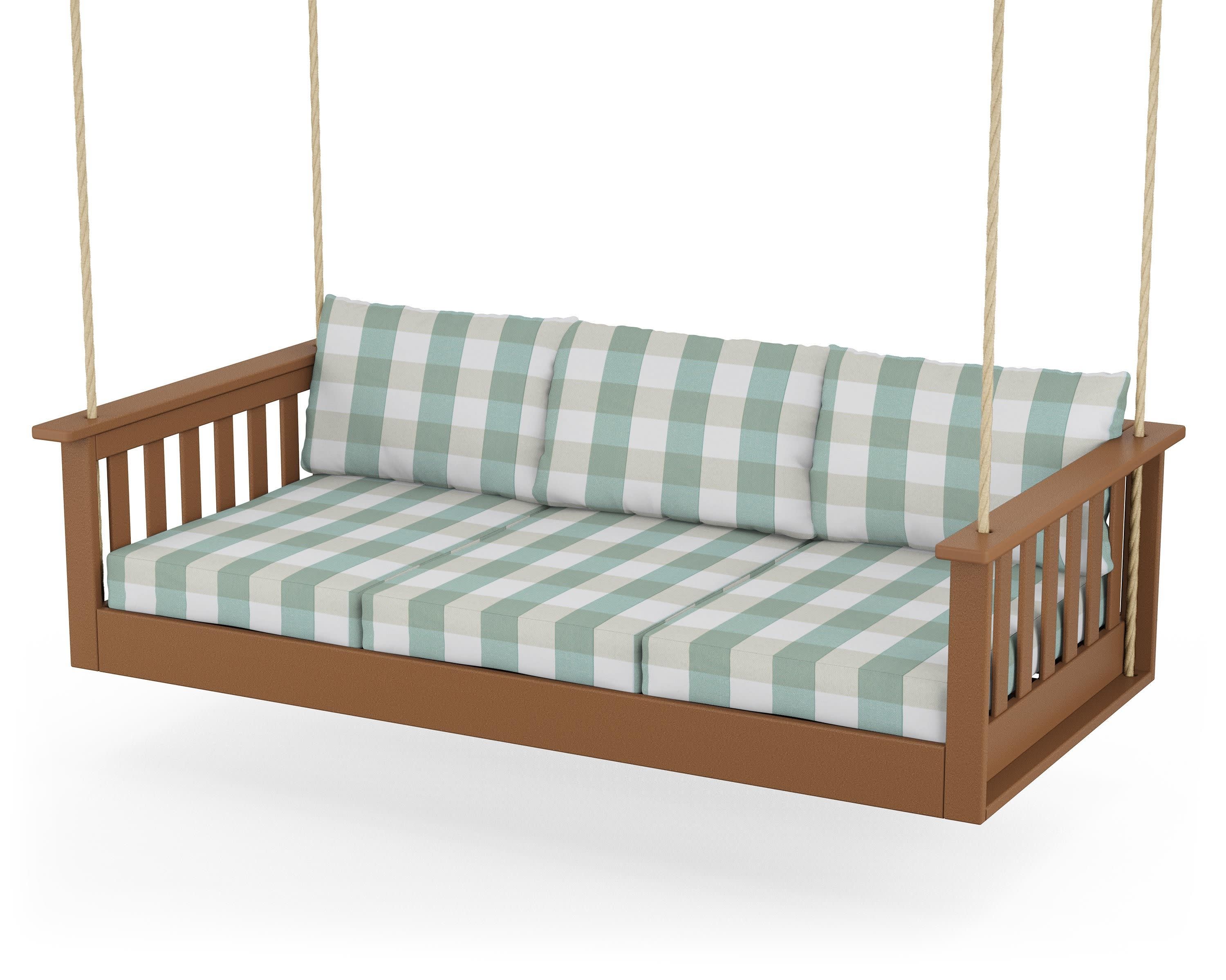 Vineyard Daybed Swing in Teak / Buffalo Plaid Glacier Spa