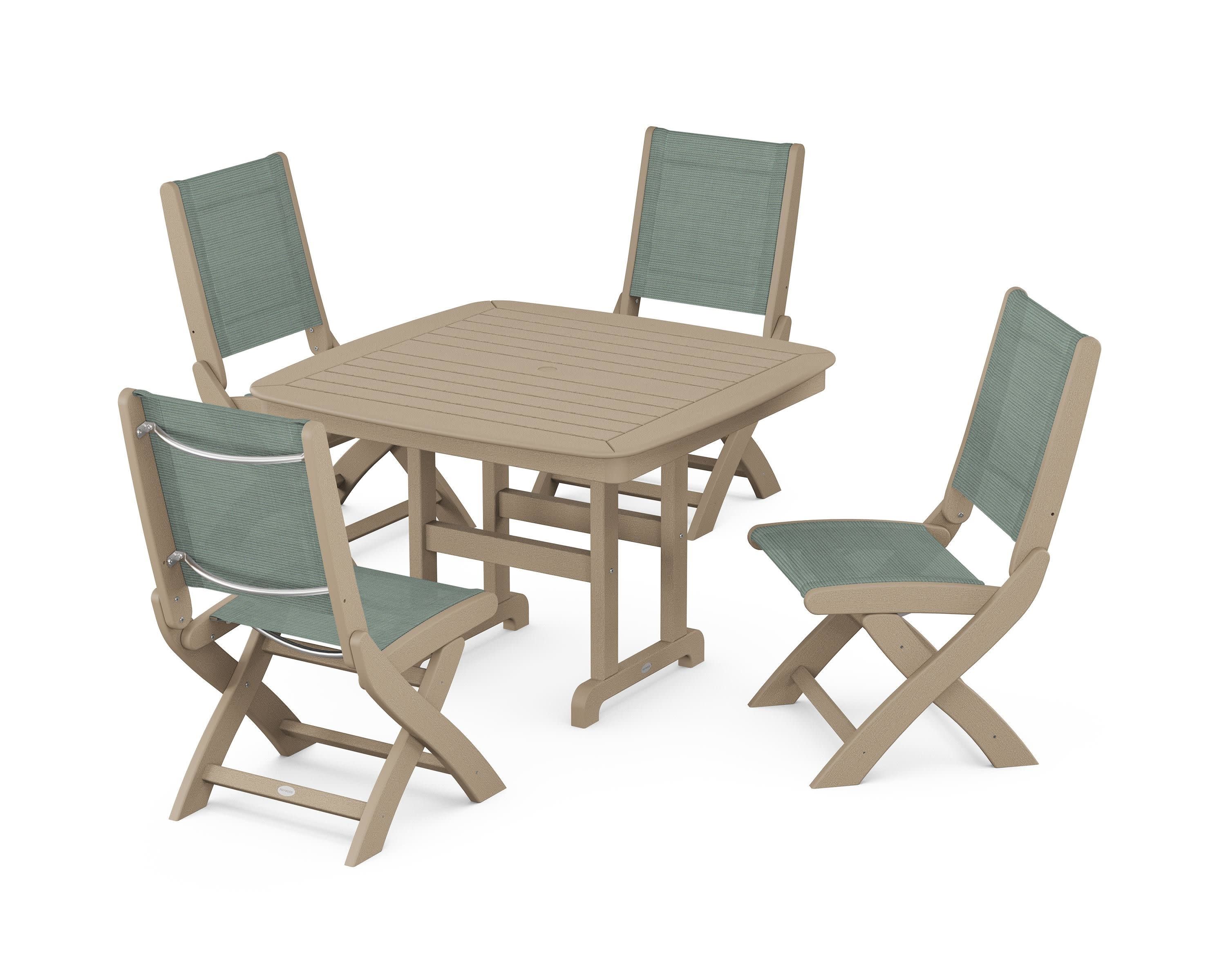 Coastal Folding Side Chair 5-Piece Dining Set in Vintage Sahara / Dupioni Sea Mist Sling