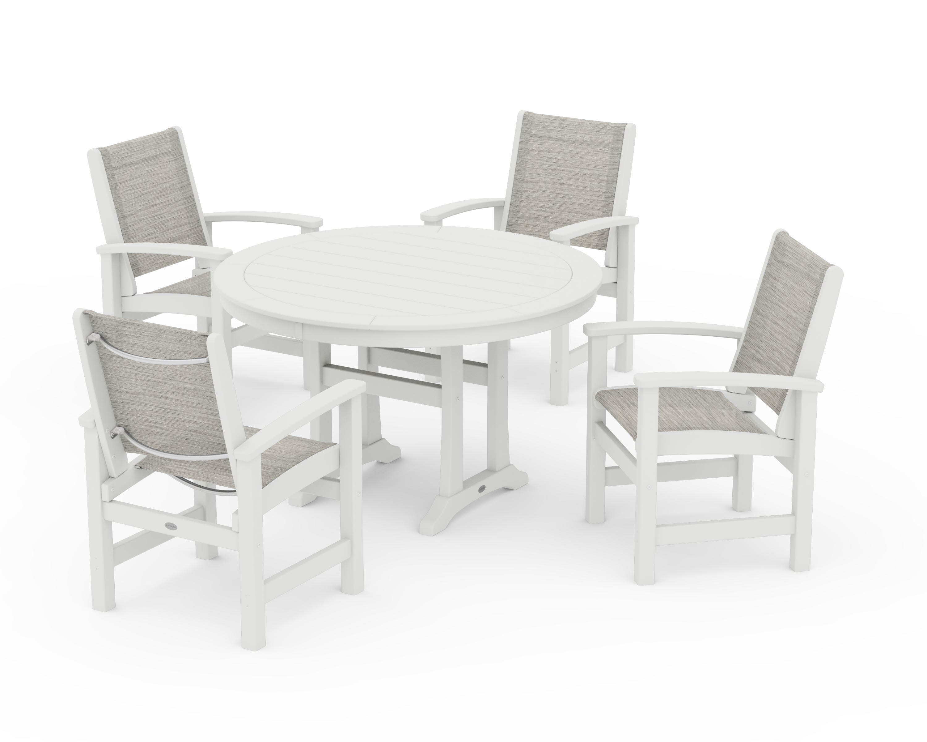 Coastal 5-Piece Round Dining Set with Trestle Legs in Vintage White / Birch Sling