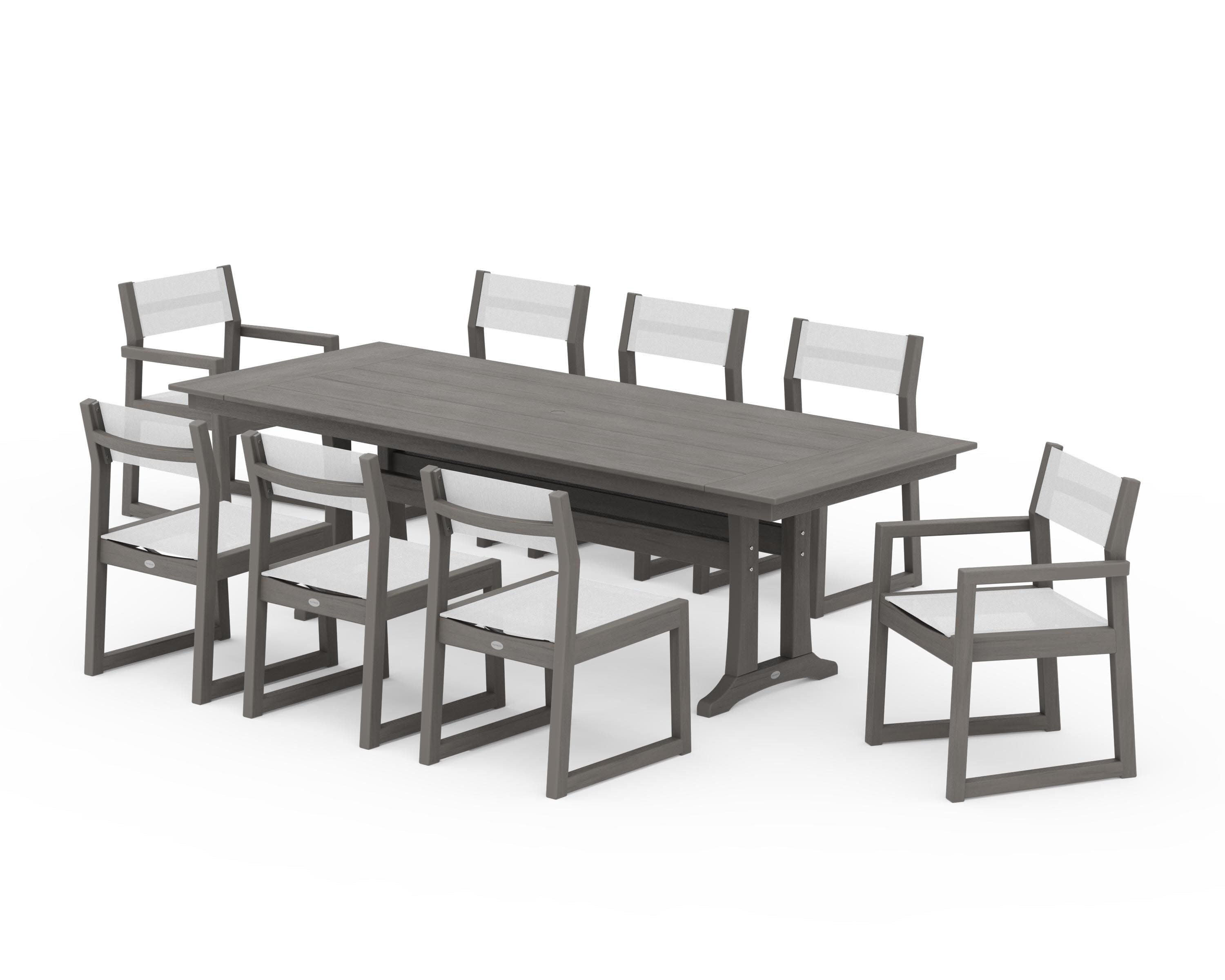 EDGE Sling 9-Piece Farmhouse Trestle Dining Set in Driftwood / White Sling