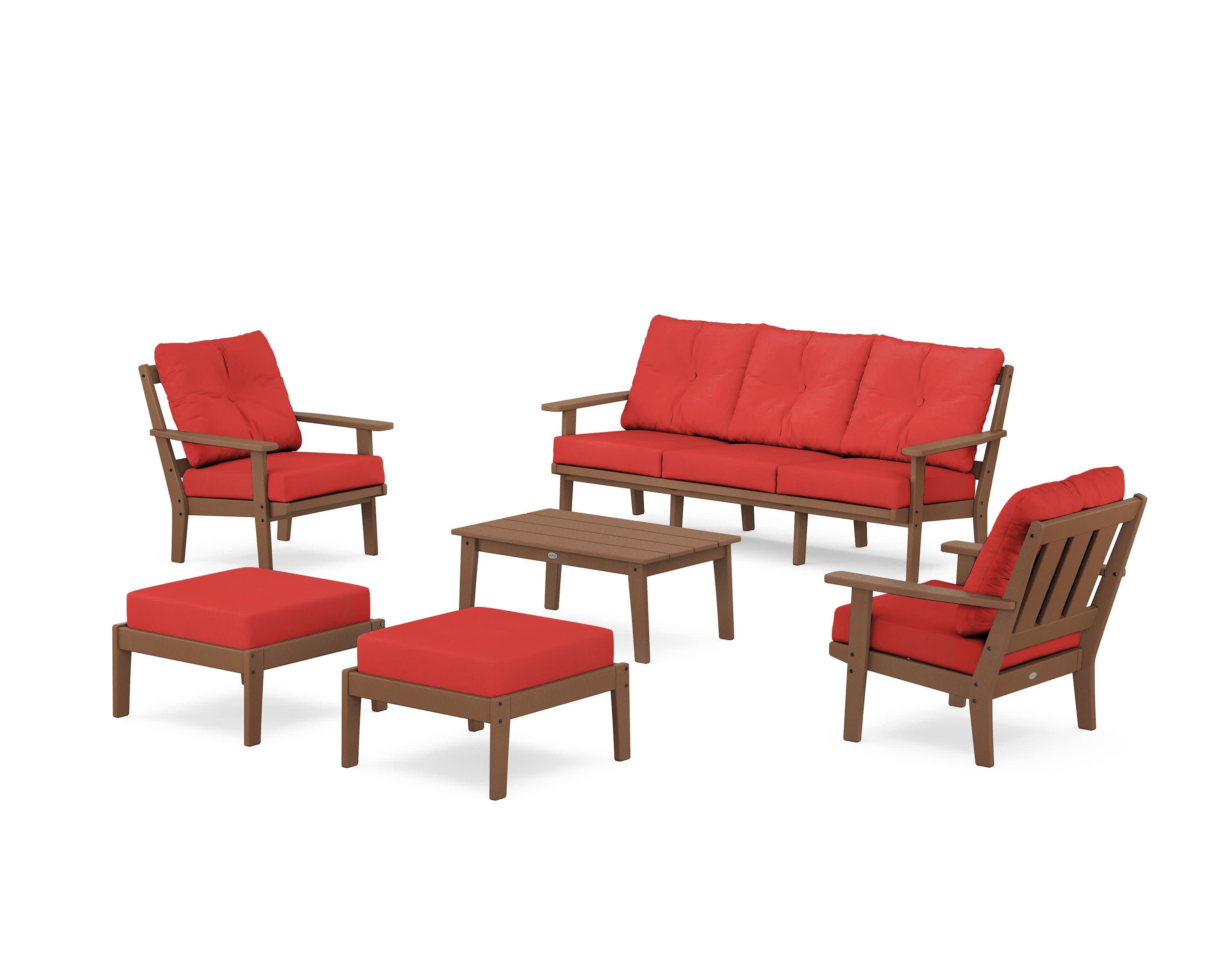 Oxford 6-Piece Lounge Sofa Set in Teak / Crimson Linen