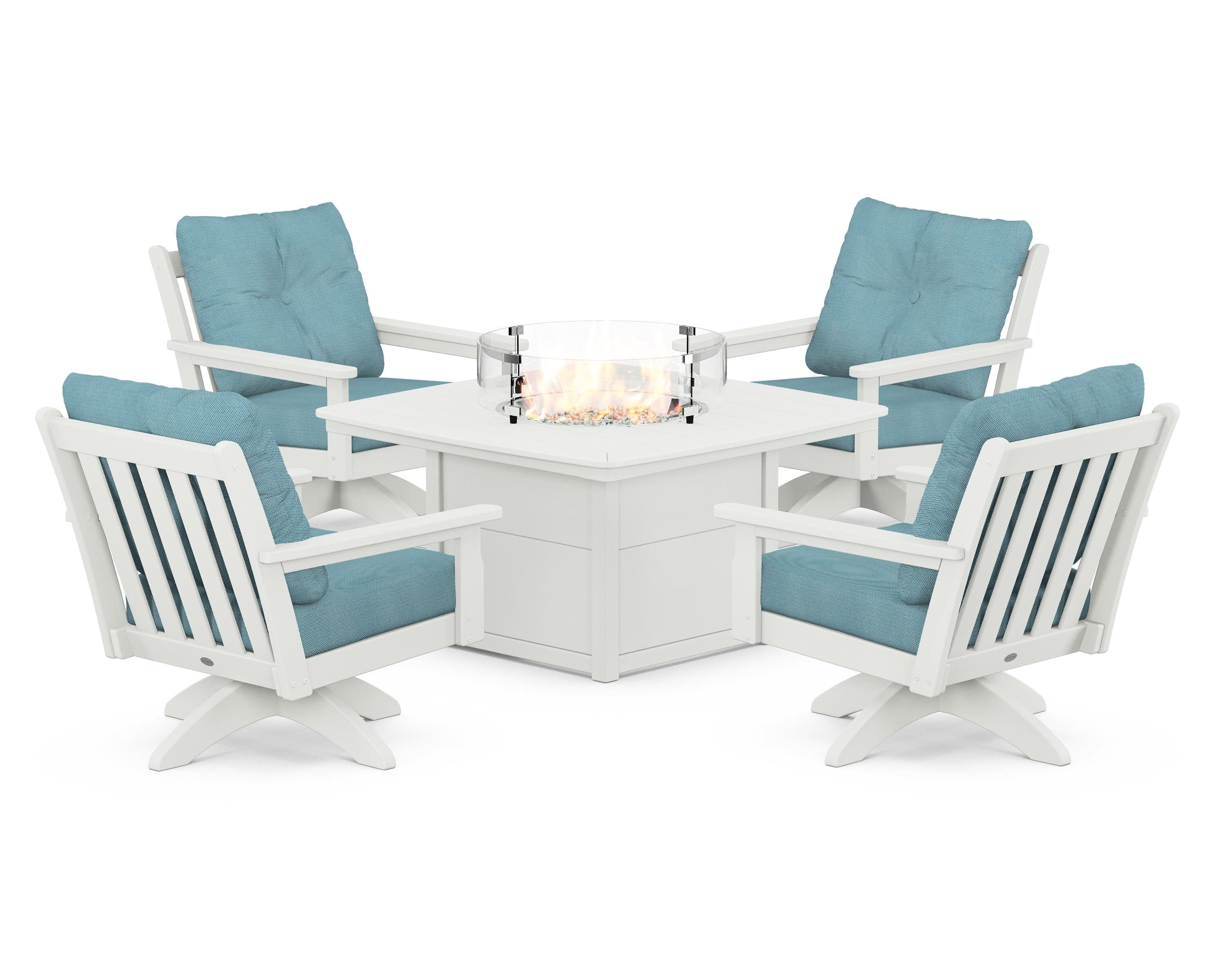 Vineyard 5-Piece Deep Seating Swivel Conversation Set with Fire Pit Table in Vintage White / Lattice Sky Blue