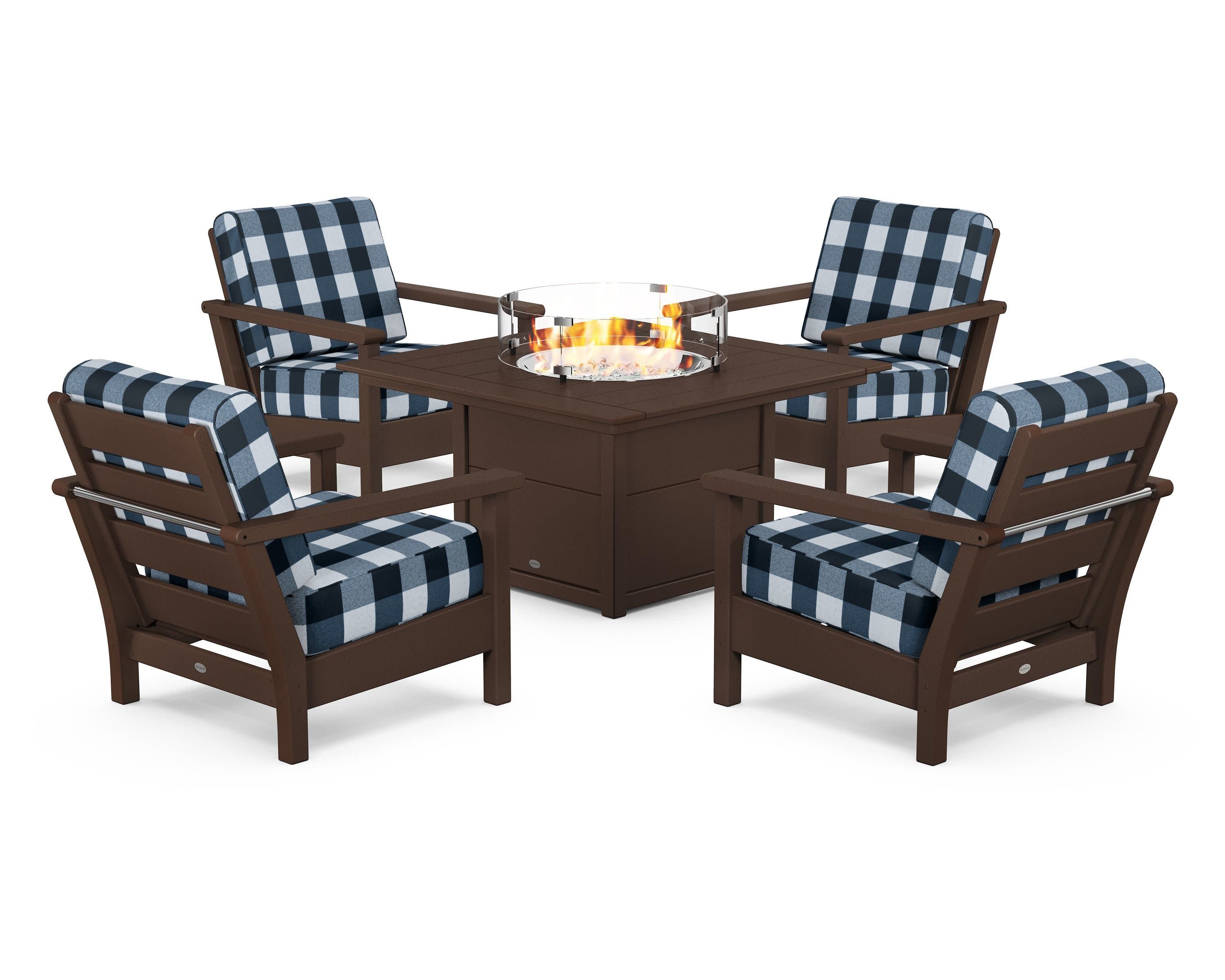 Harbour 5-Piece Conversation Set with Fire Pit Table in Mahogany / Buffalo Plaid Marine Indigo