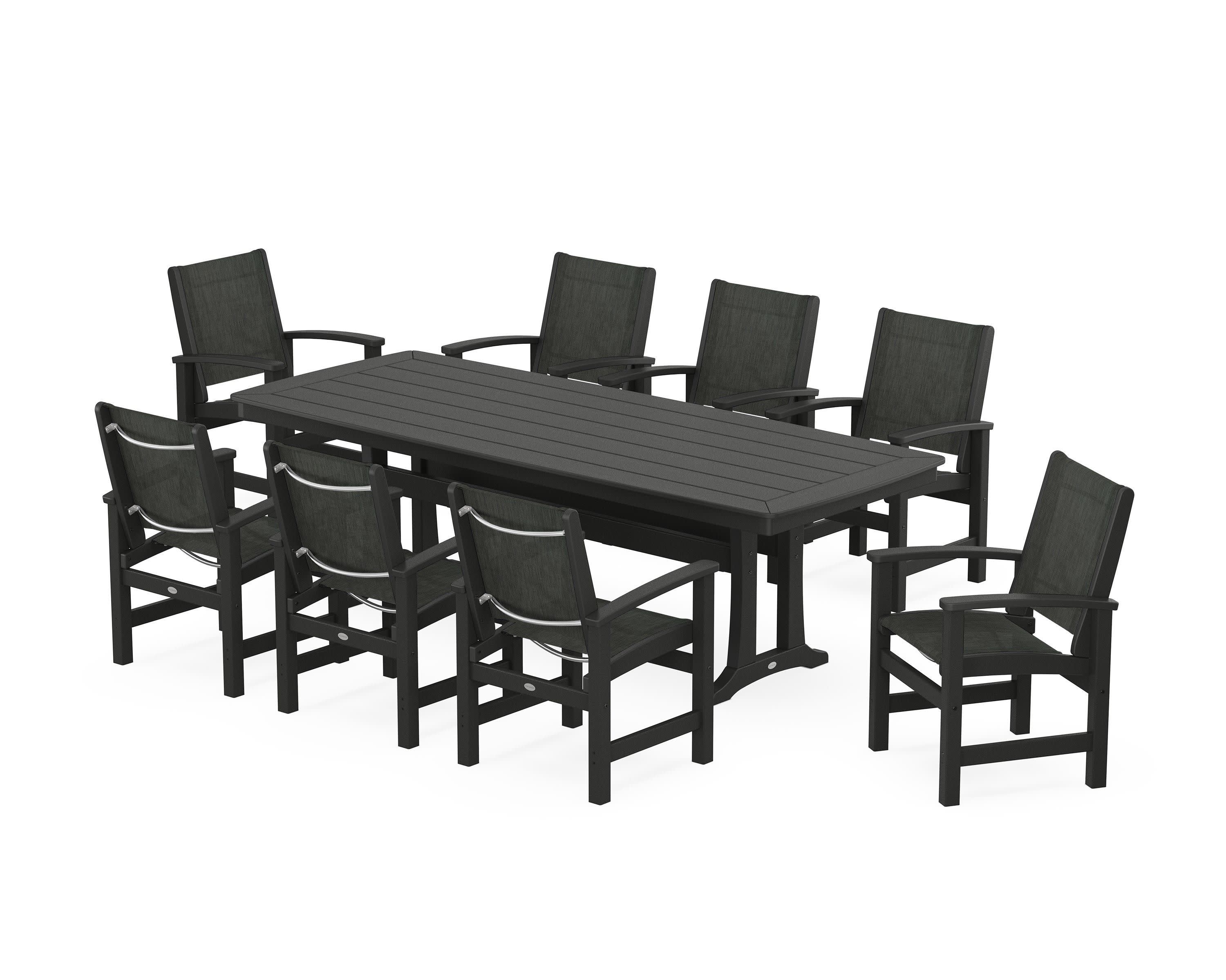 Coastal 9-Piece Dining Set with Trestle Legs in Black / Ember Sling
