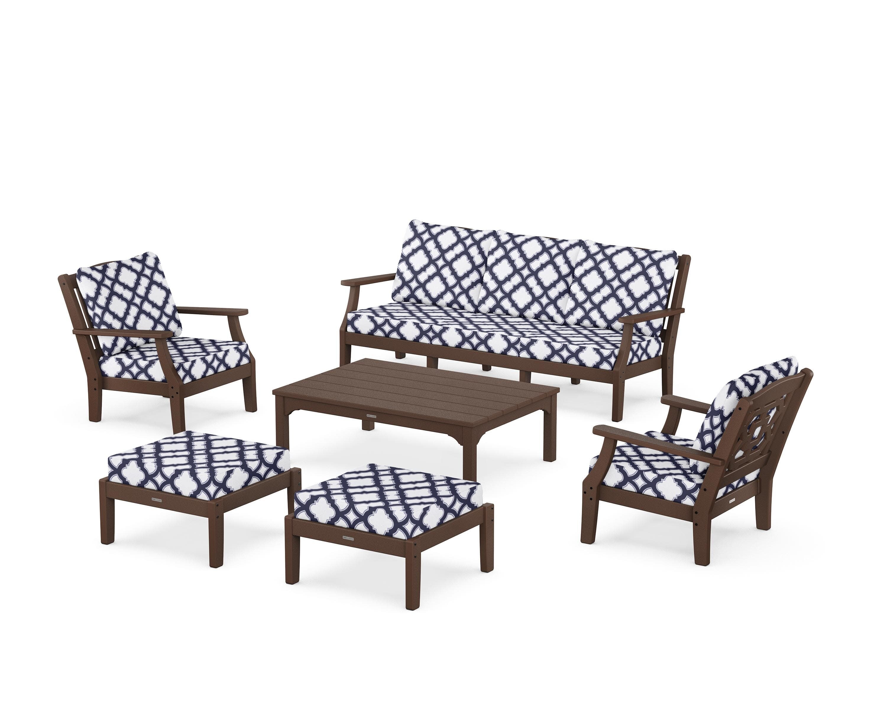 Chinoiserie 6-Piece Lounge Sofa Set in Mahogany / Trellis Navy