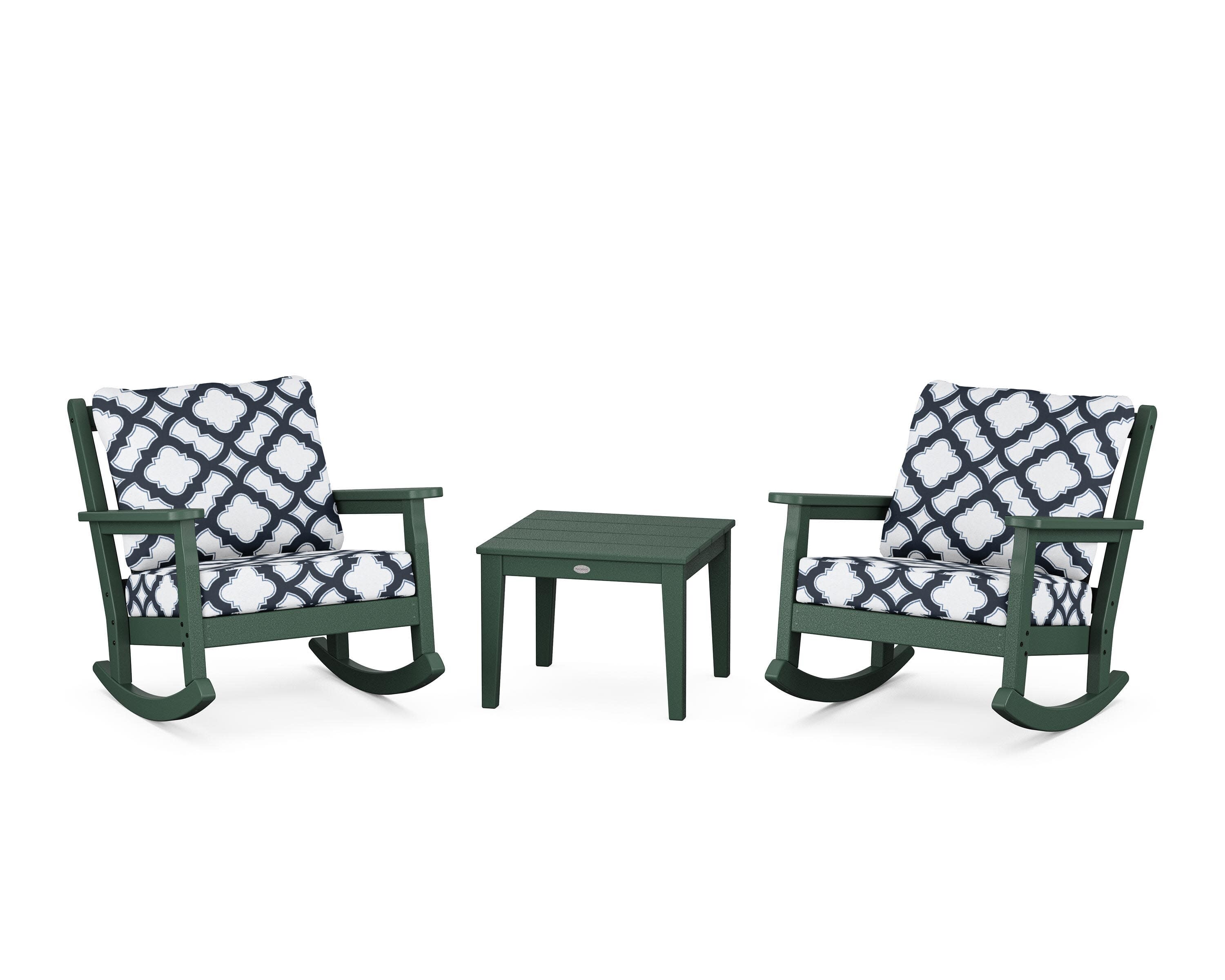 Chippendale 3-Piece Deep Seating Rocker Set in Green / Trellis Marine Indigo