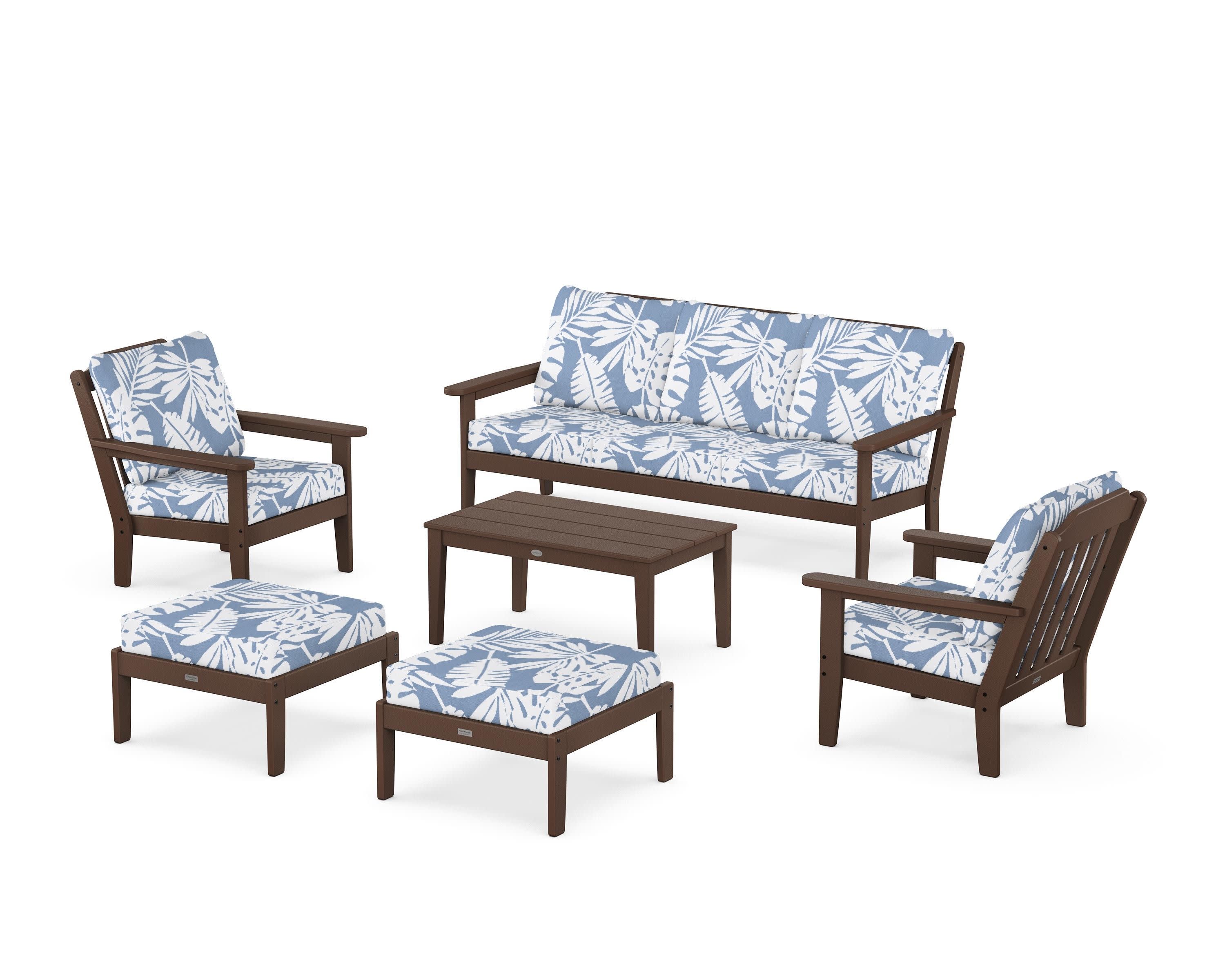 Cottage 6-Piece Lounge Sofa Set in Mahogany / Leaf Sky Blue