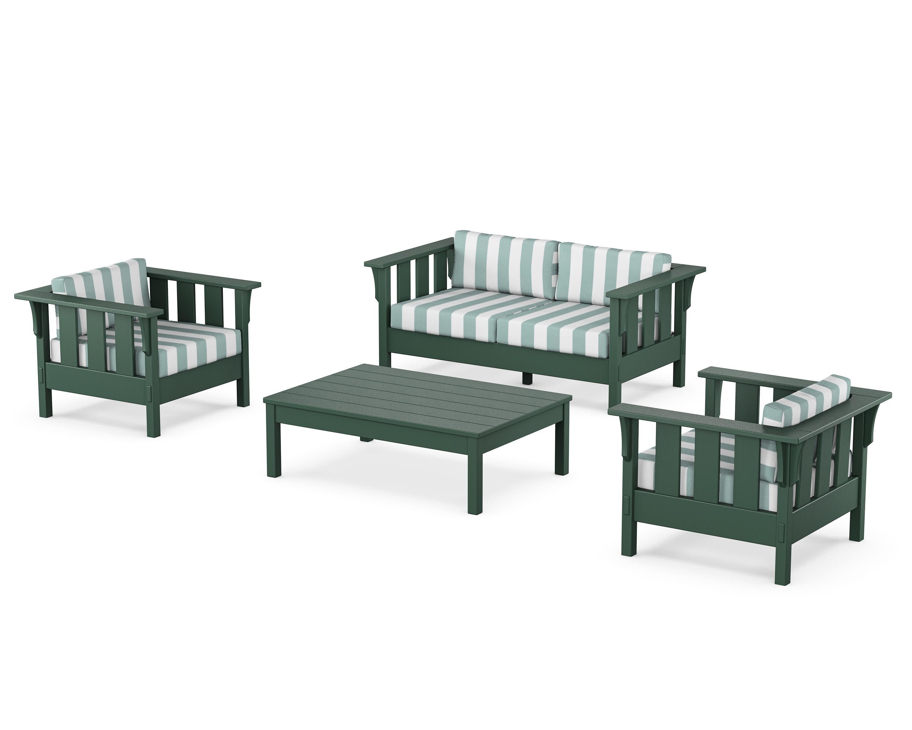 Acadia 4-Piece Deep Seating Set with Loveseat in Green / Cabana Stripe Glacier Spa