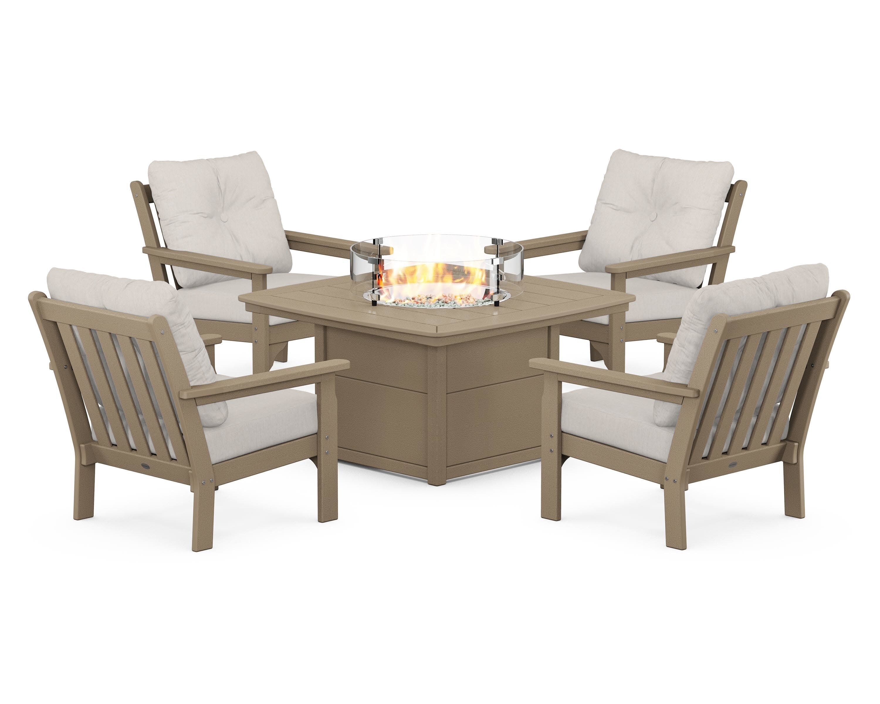 Vineyard 5-Piece Conversation Set with Fire Pit Table in Vintage Sahara / Cast Ash