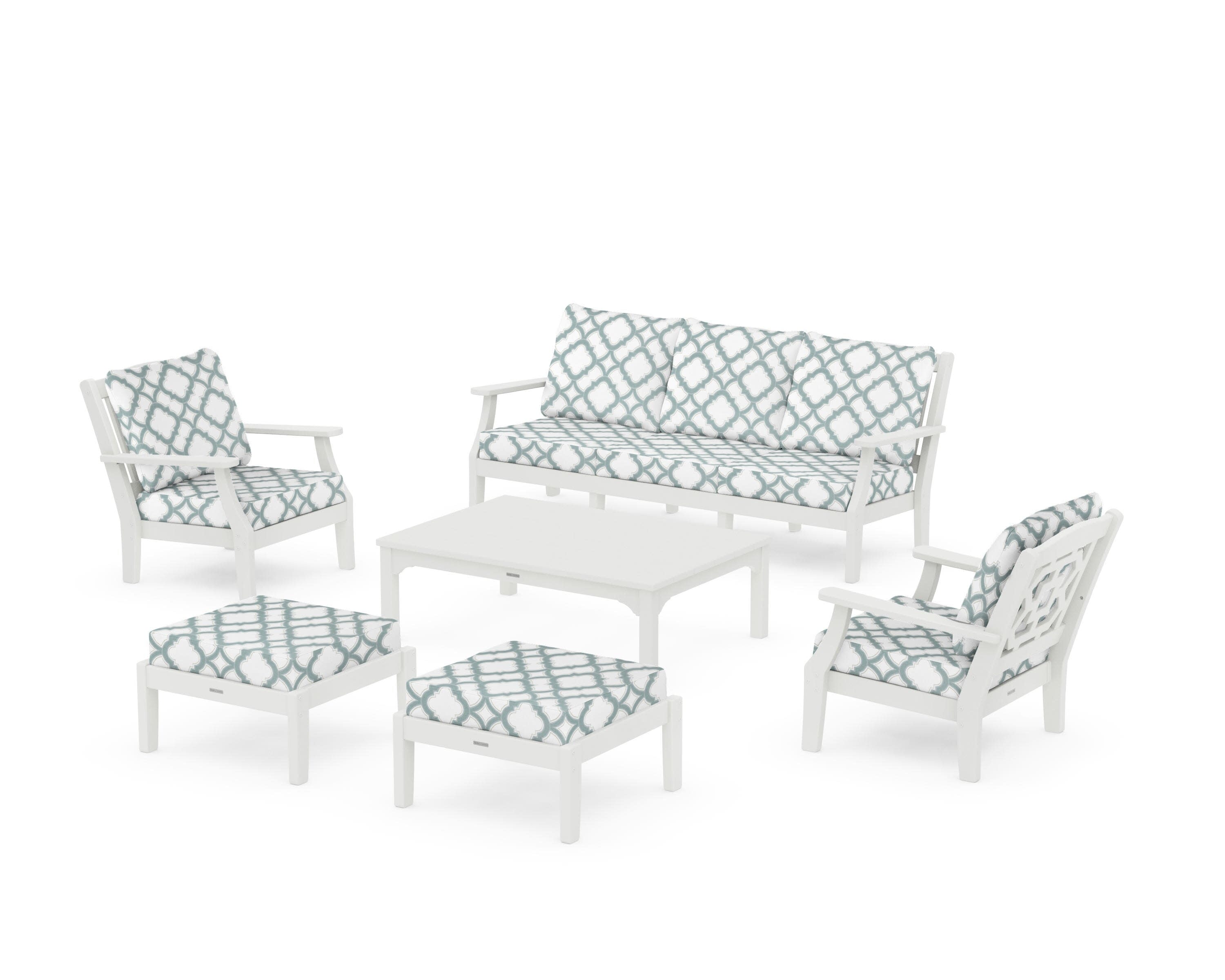Chinoiserie 6-Piece Lounge Sofa Set in Vintage White / Trellis Glacier Spa