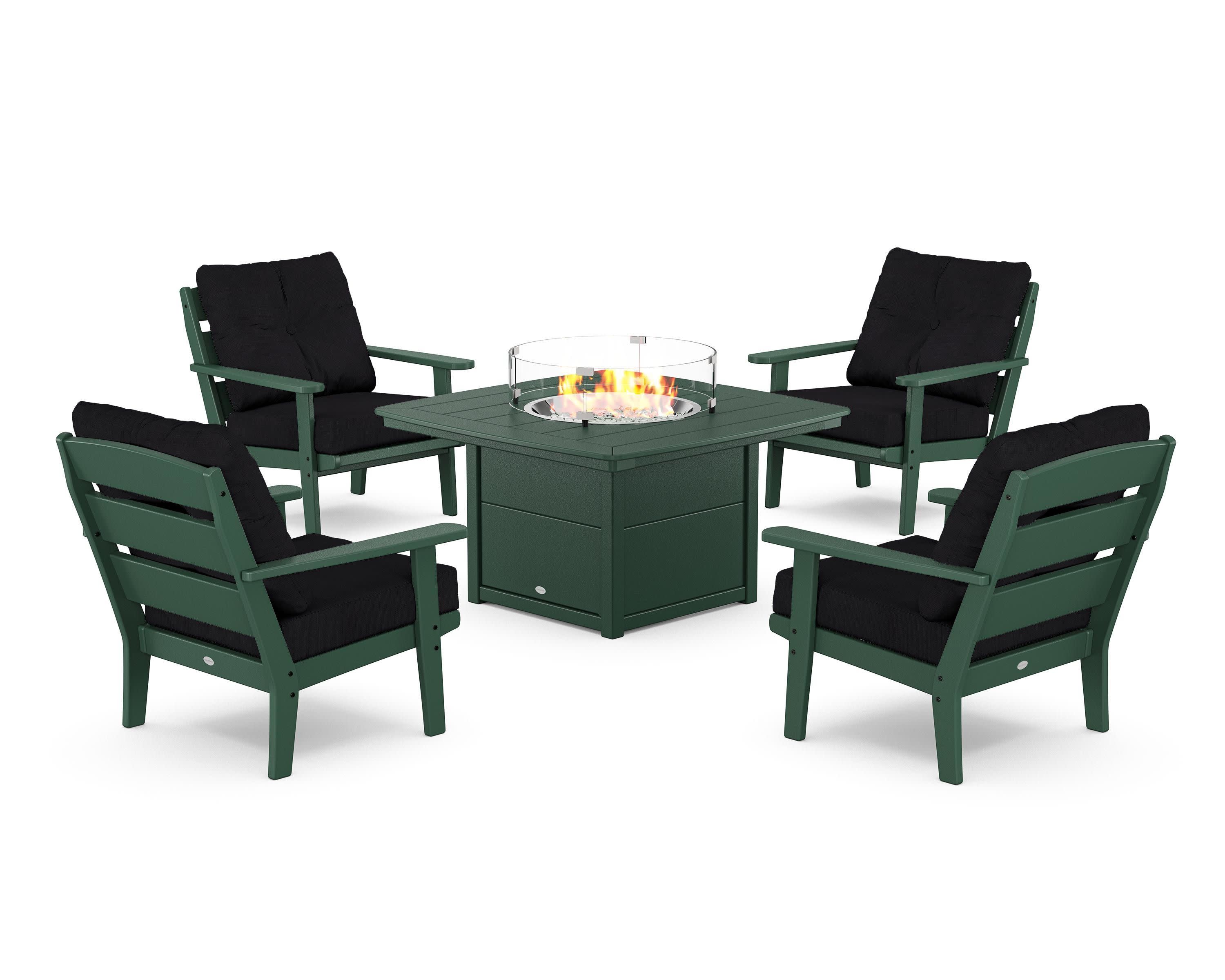 Lakeside 5-Piece Deep Seating Set with Nautical Fire Pit Table in Green / Midnight Linen