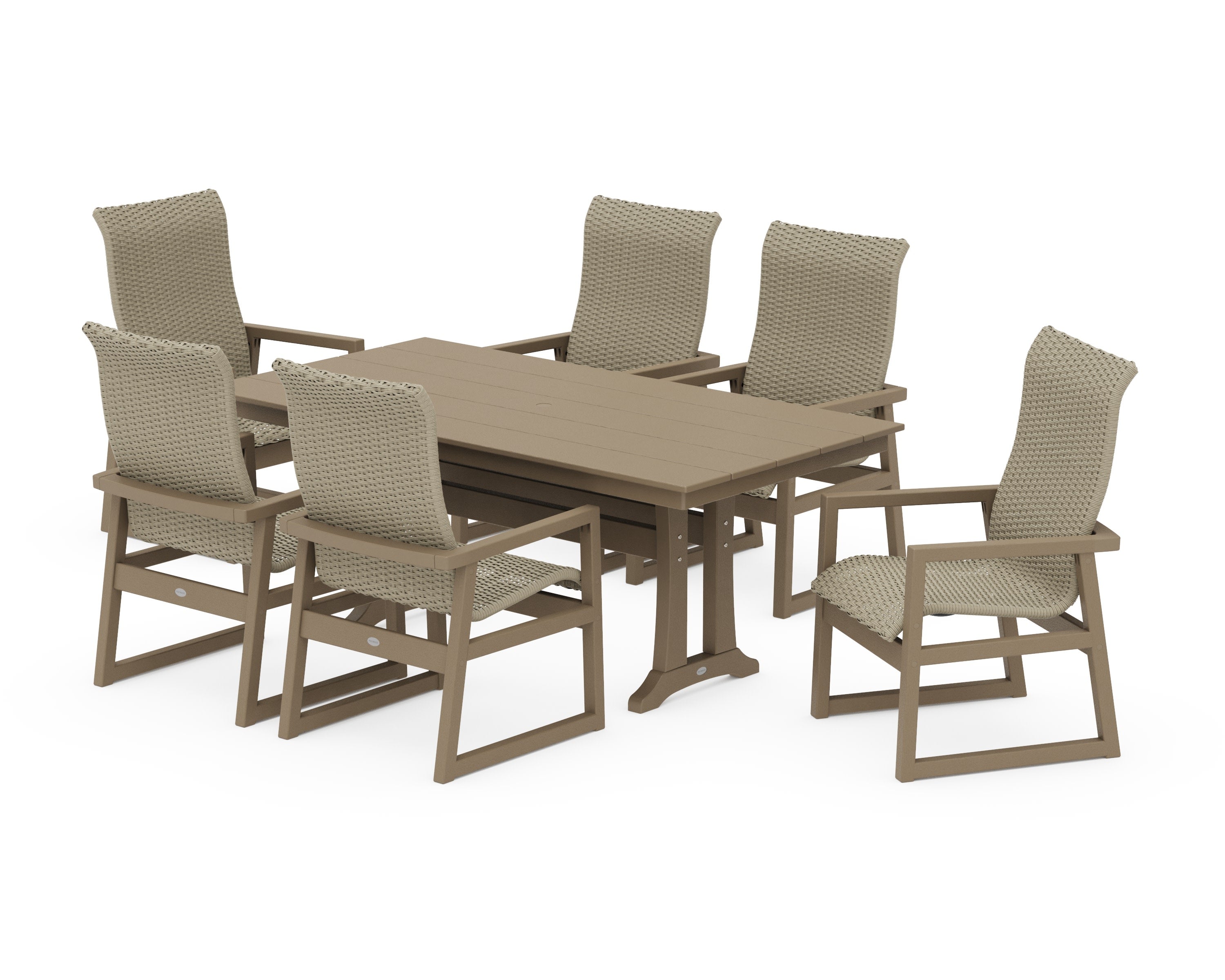 EDGE Woven Highback Arm Chair 7-Piece Farmhouse Dining Set with Trestle Legs in Vintage Sahara / Dune Grass