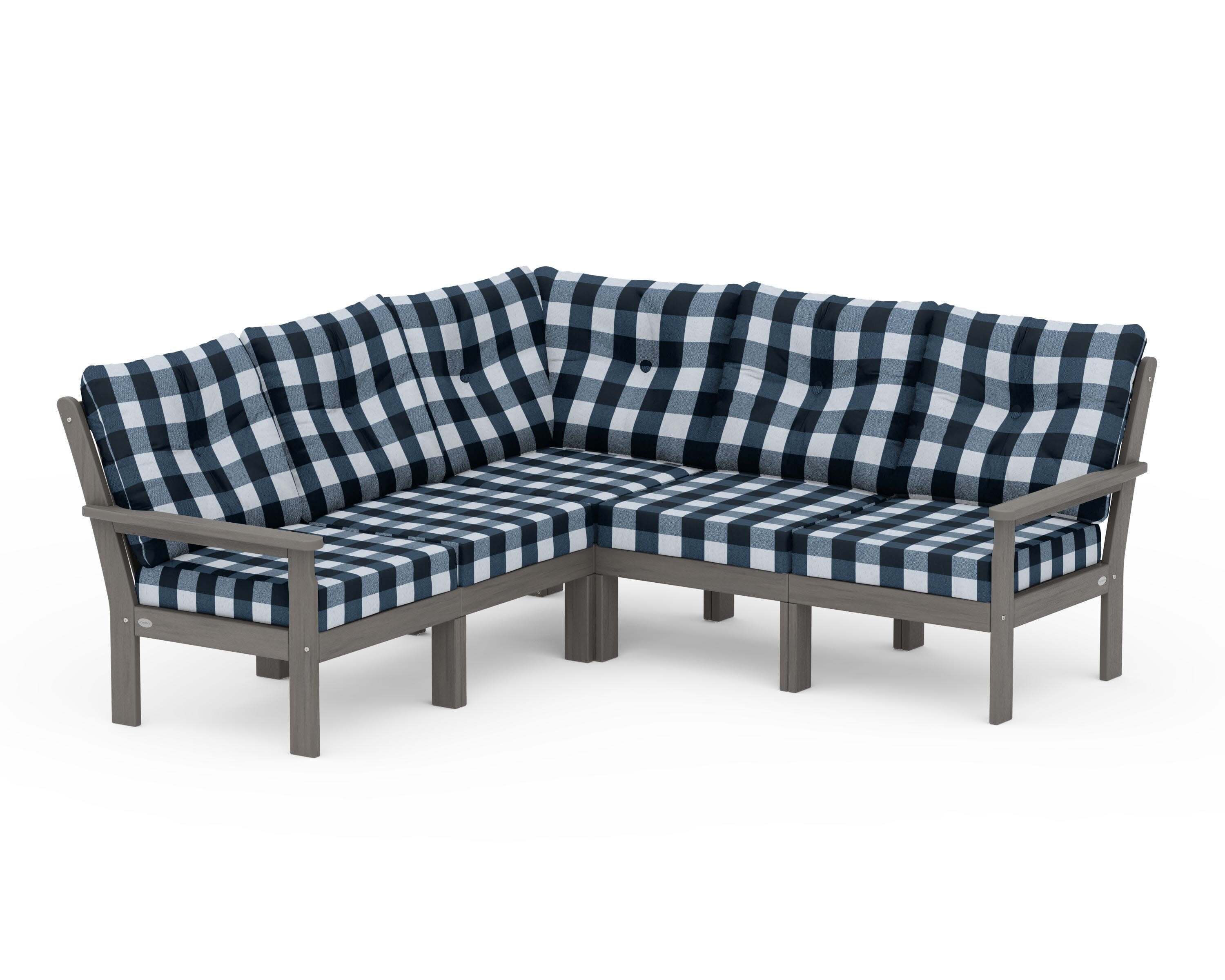 Vineyard 5-Piece Sectional in Driftwood / Buffalo Plaid Marine Indigo