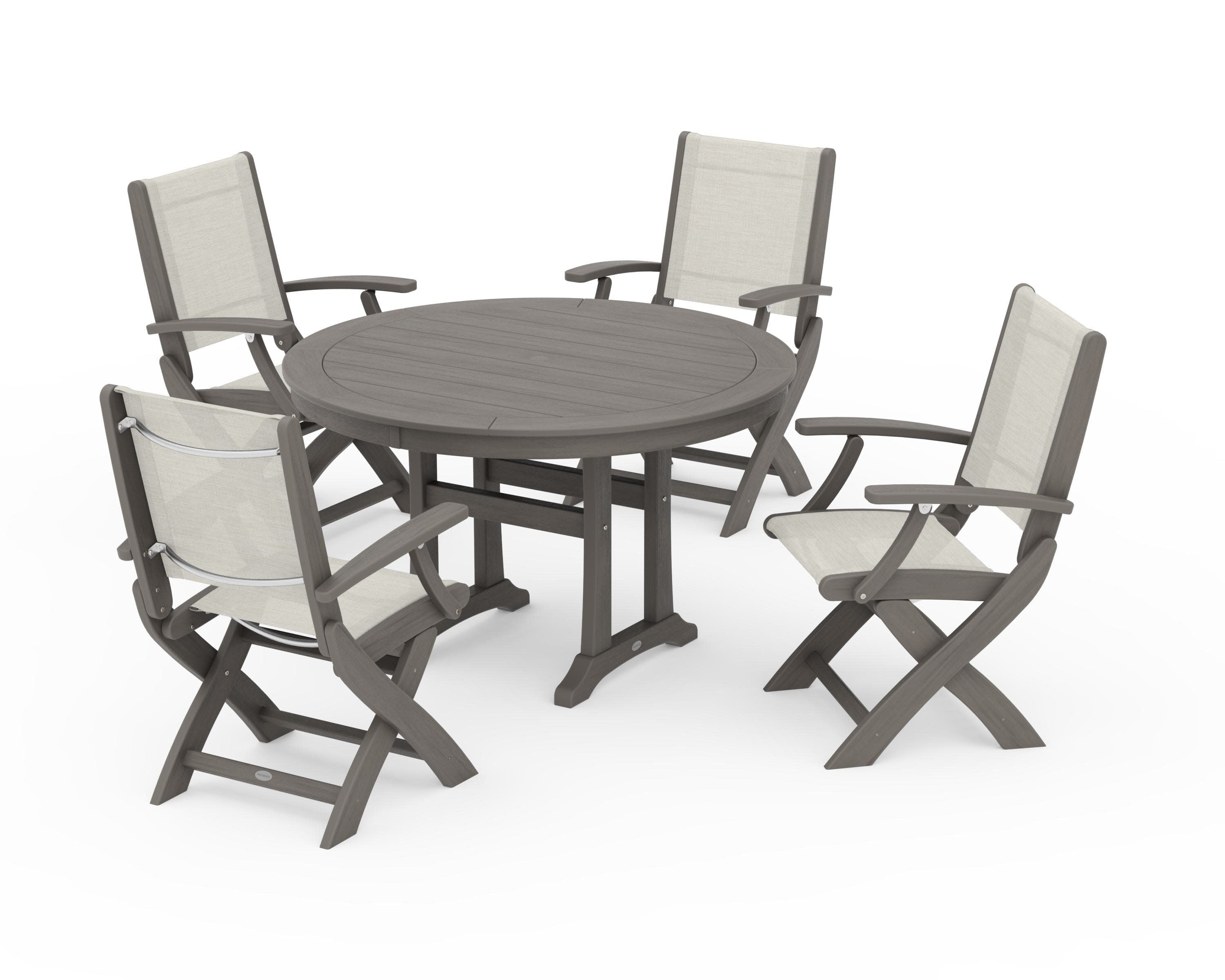 Coastal Folding Chair 5-Piece Round Dining Set with Trestle Legs in Driftwood / Parchment Sling