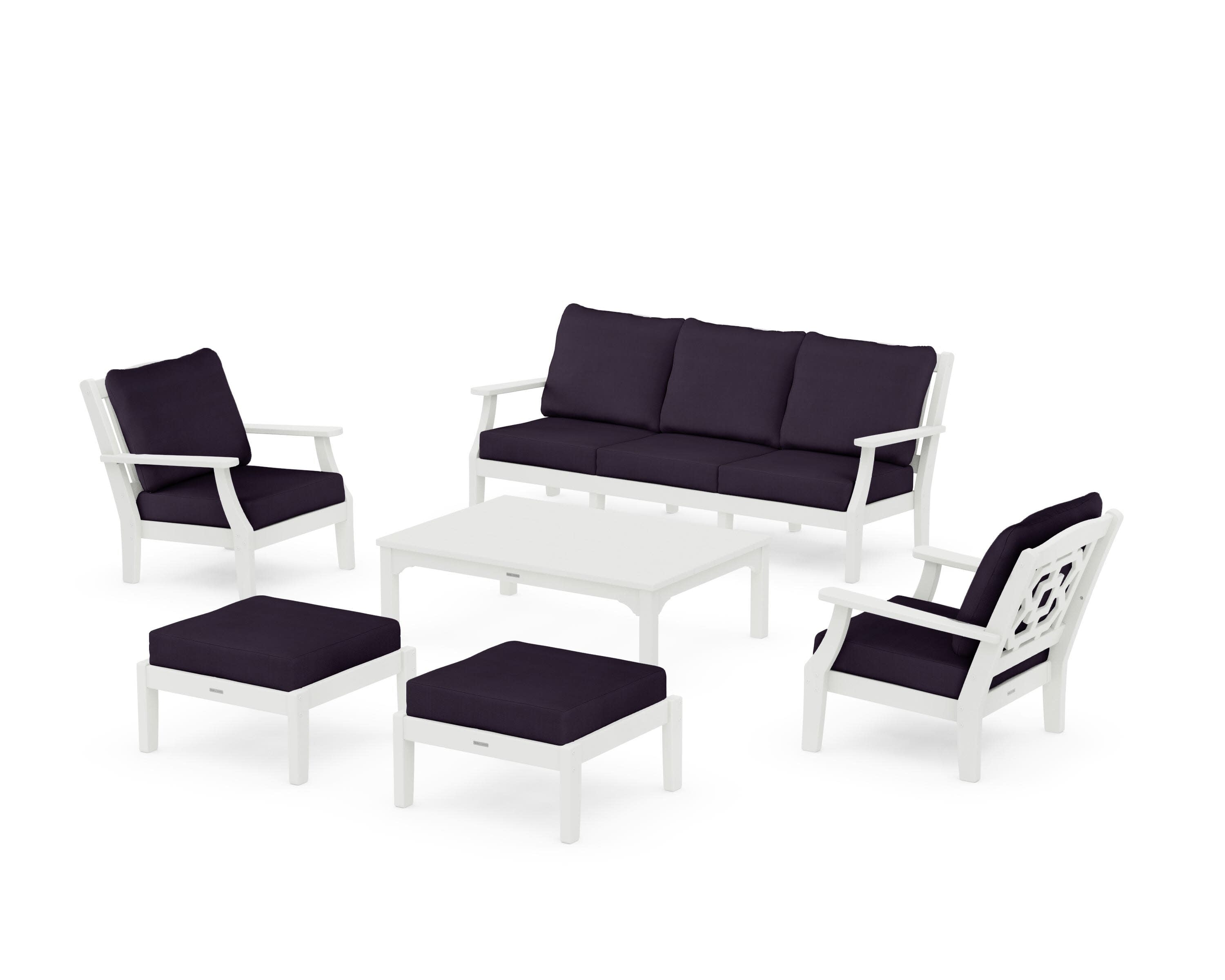 Chinoiserie 6-Piece Lounge Sofa Set in Vintage White / Navy Linen