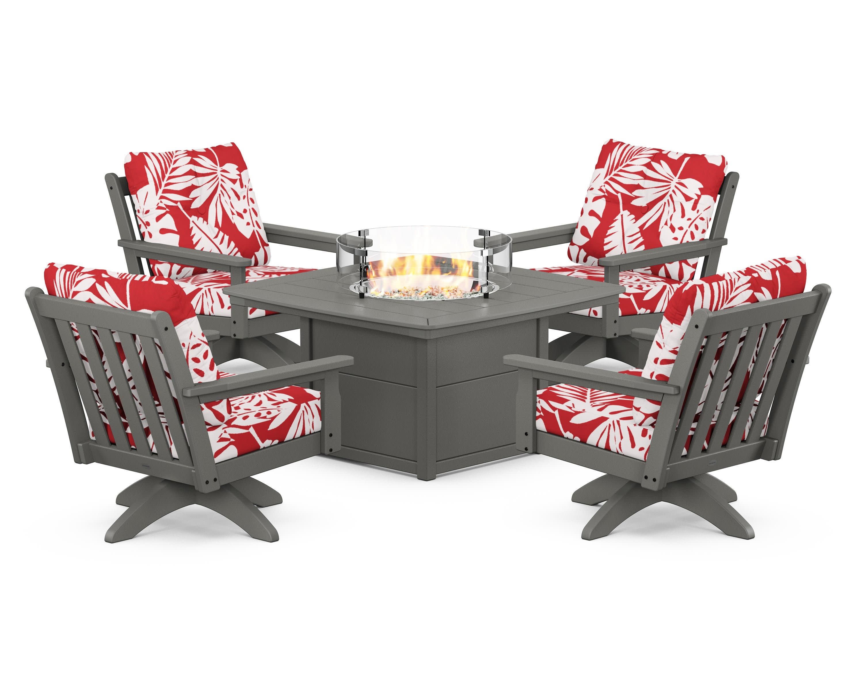 Vineyard 5-Piece Deep Seating Swivel Conversation Set with Fire Pit Table in Slate Grey / Leaf Crimson