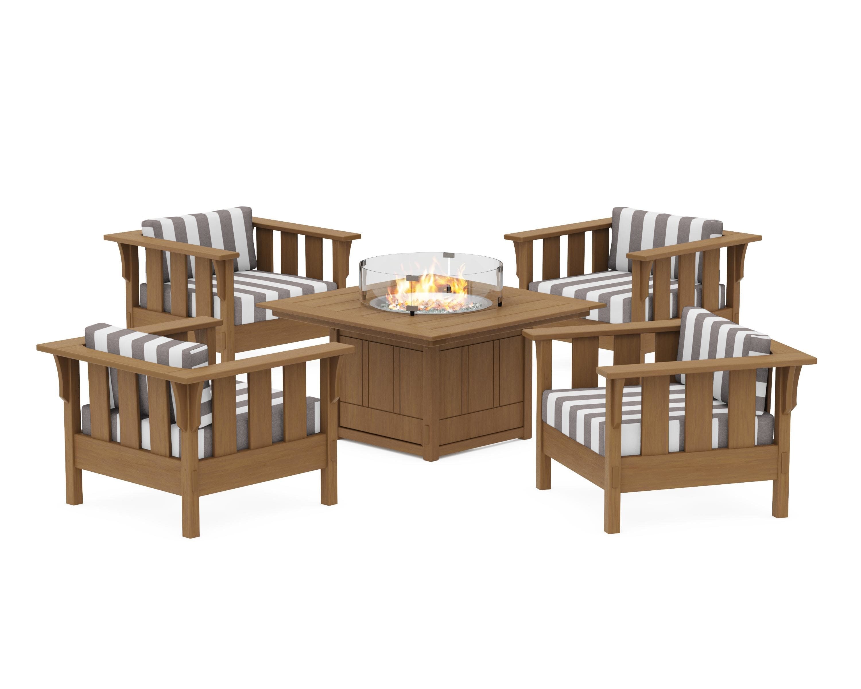Acadia 5-Piece Deep Seating Set with Fire Pit Table in Natural / Cabana Stripe Grey Mist