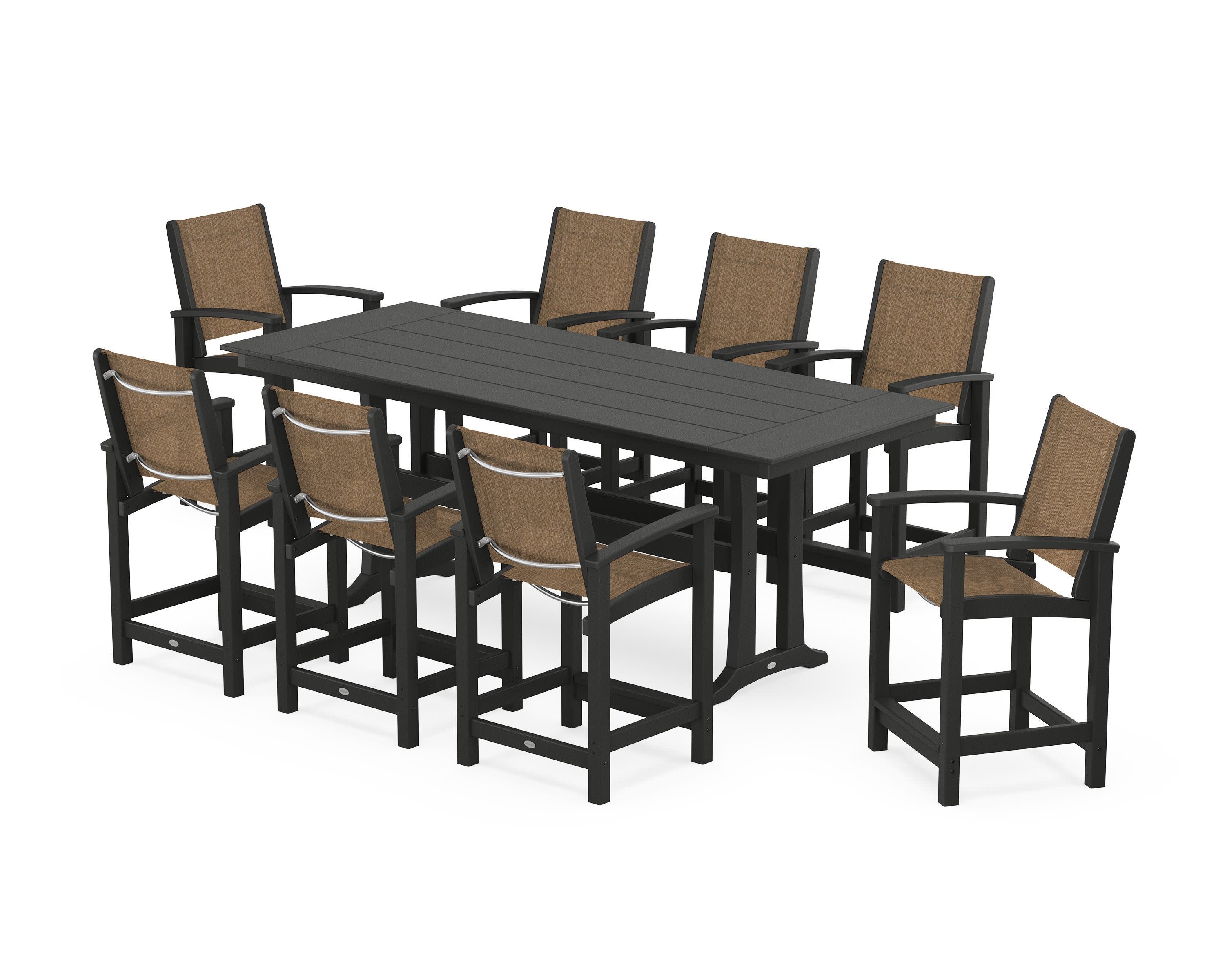 Coastal 9-Piece Farmhouse Counter Set with Trestle Legs in Black / Burlap Sling