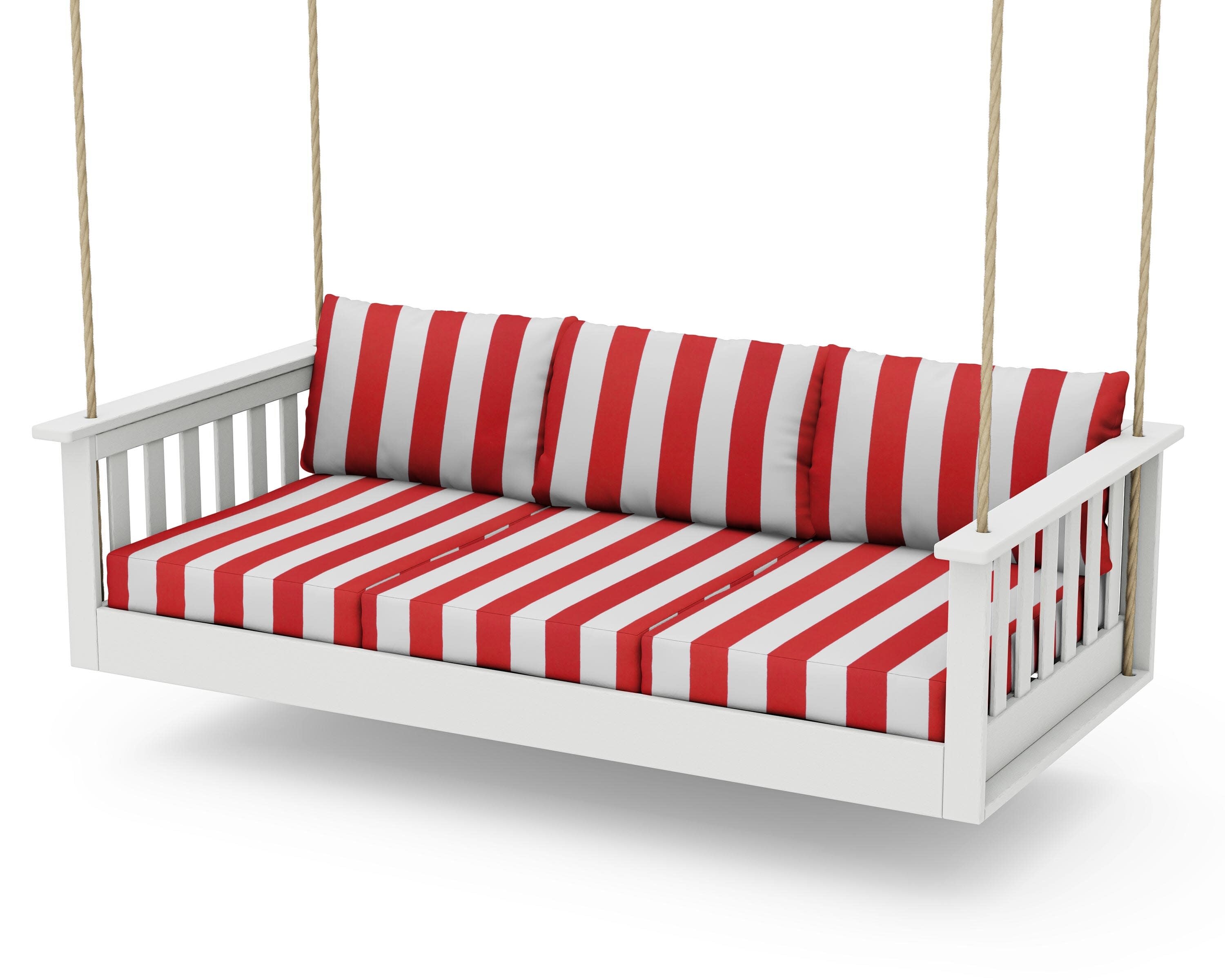 Vineyard Daybed Swing in Vintage White / Cabana Stripe Crimson