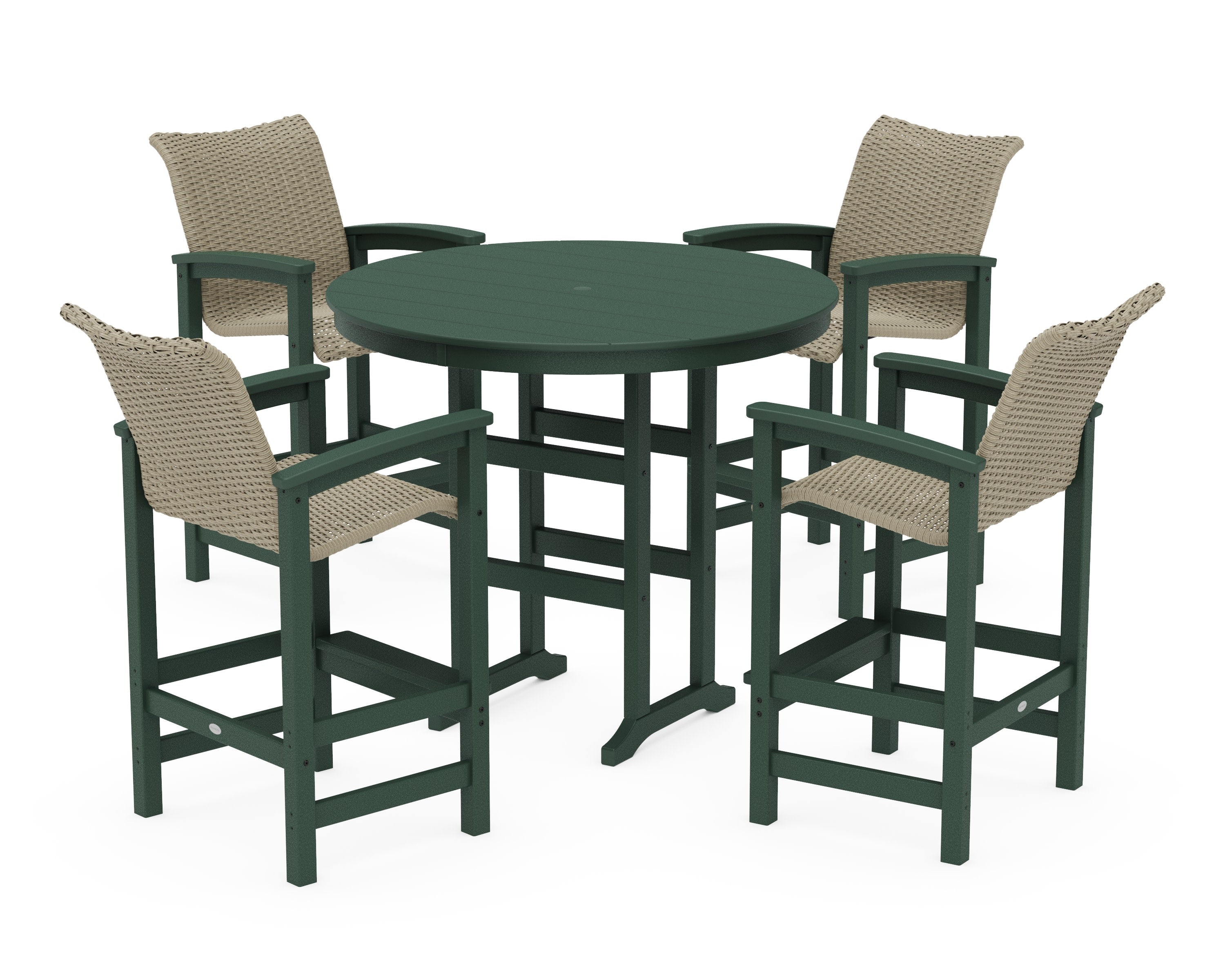 Coastal Woven 5-Piece Round Farmhouse Bar Set in Green / Dune Grass