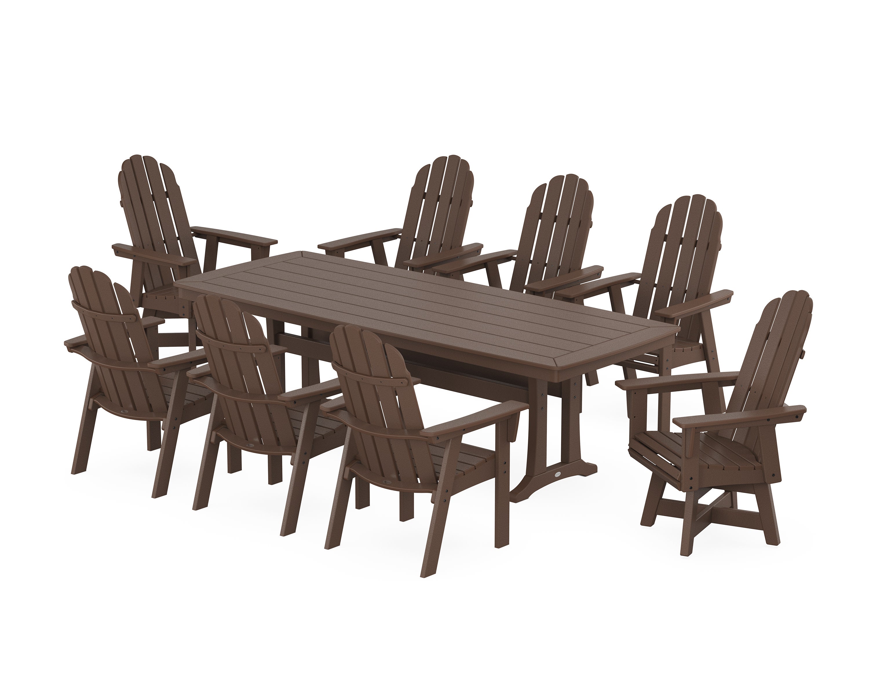 Vineyard Curveback Adirondack Swivel 9-Piece Dining Set with Trestle Legs in Mahogany