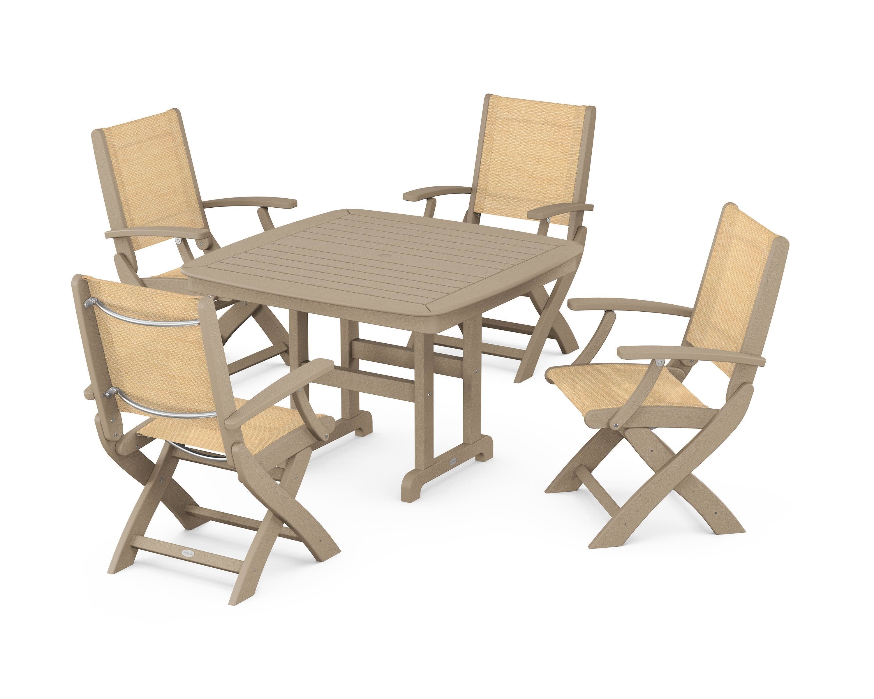 Coastal Folding Chair 5-Piece Dining Set in Vintage Sahara / Dupioni Apricot Sling