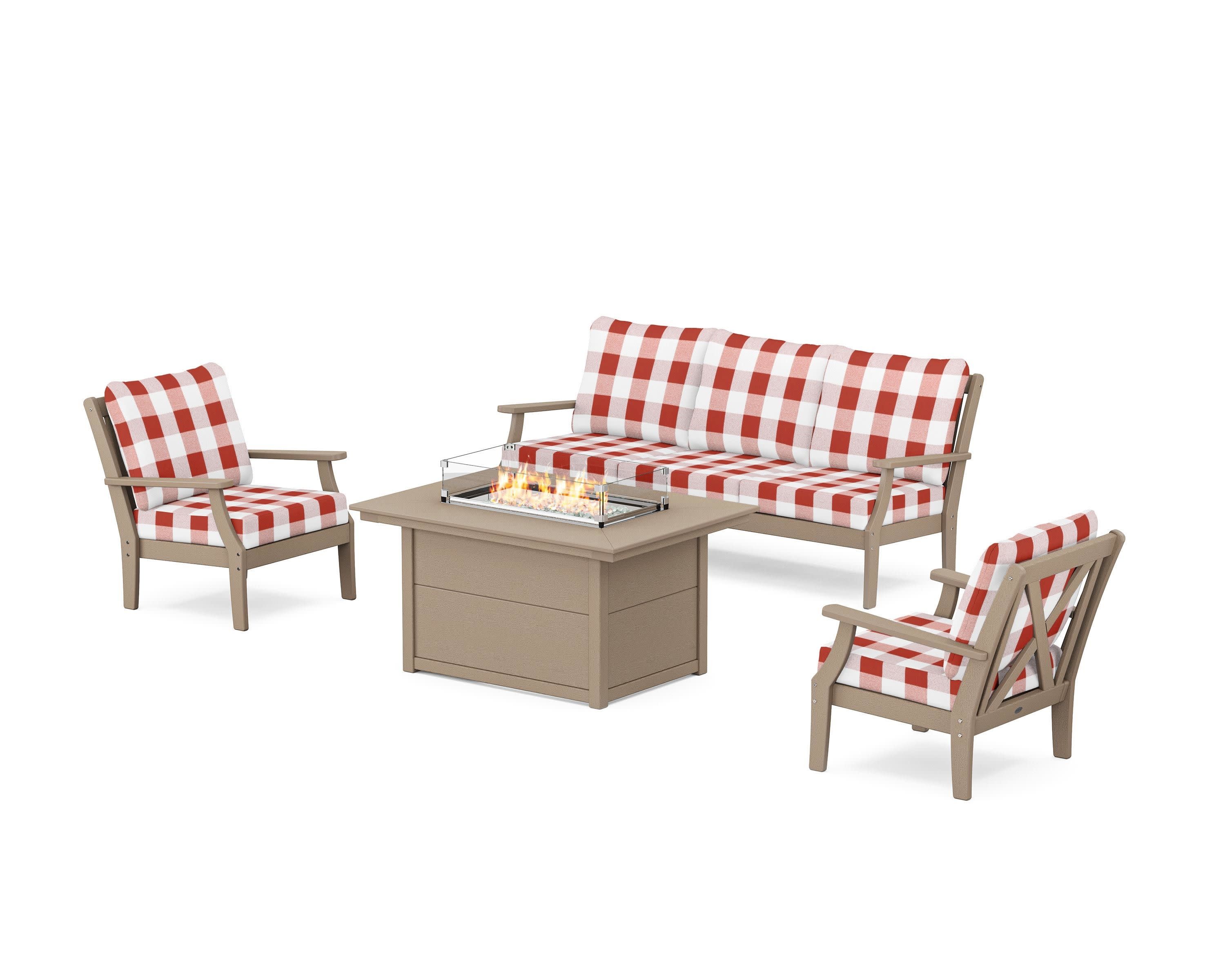 Braxton Deep Seating Fire Pit Table Set in Vintage Sahara / Buffalo Plaid Crimson