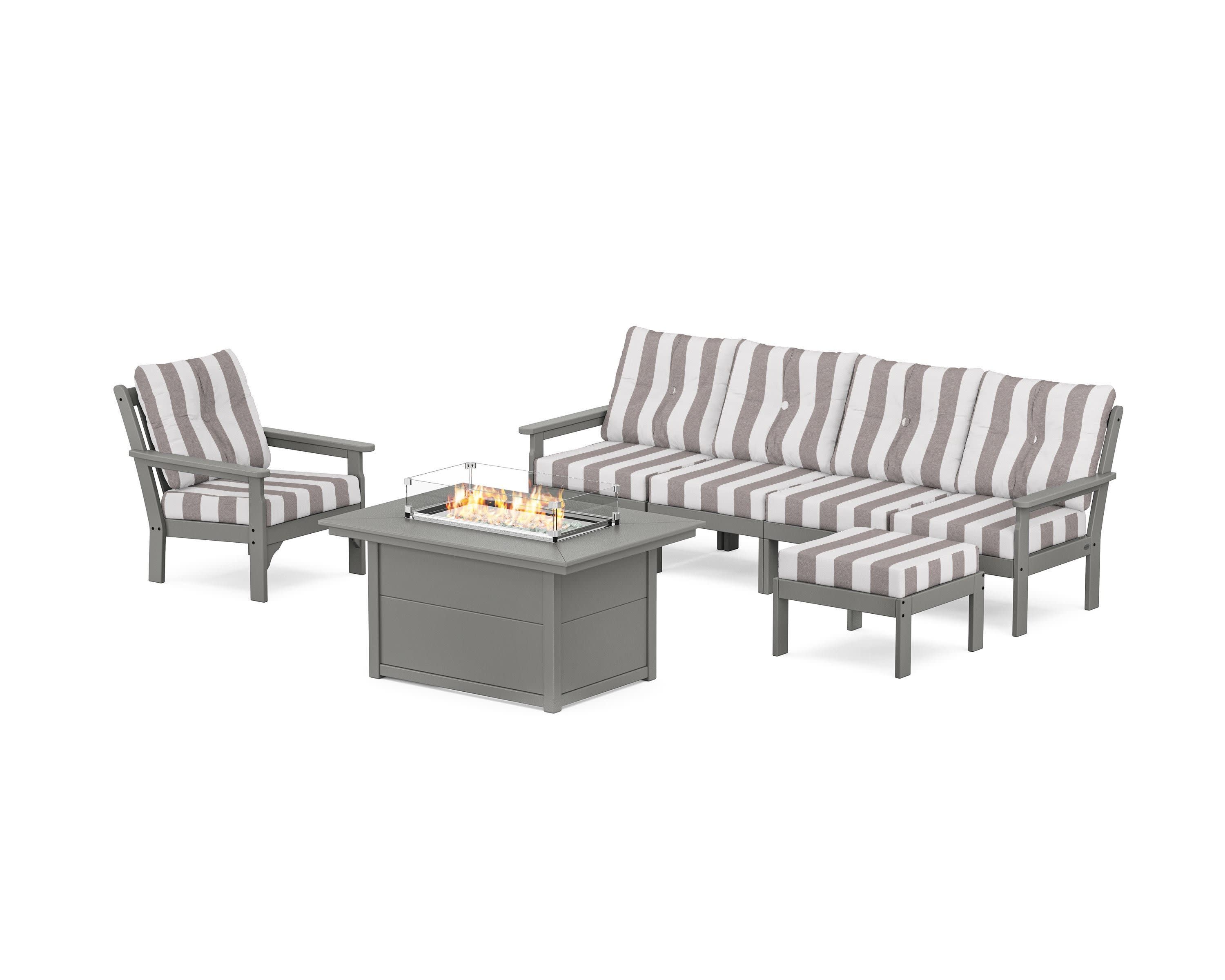 Vineyard Sectional Lounge and Fire Pit Set in Slate Grey / Cabana Stripe Grey Mist