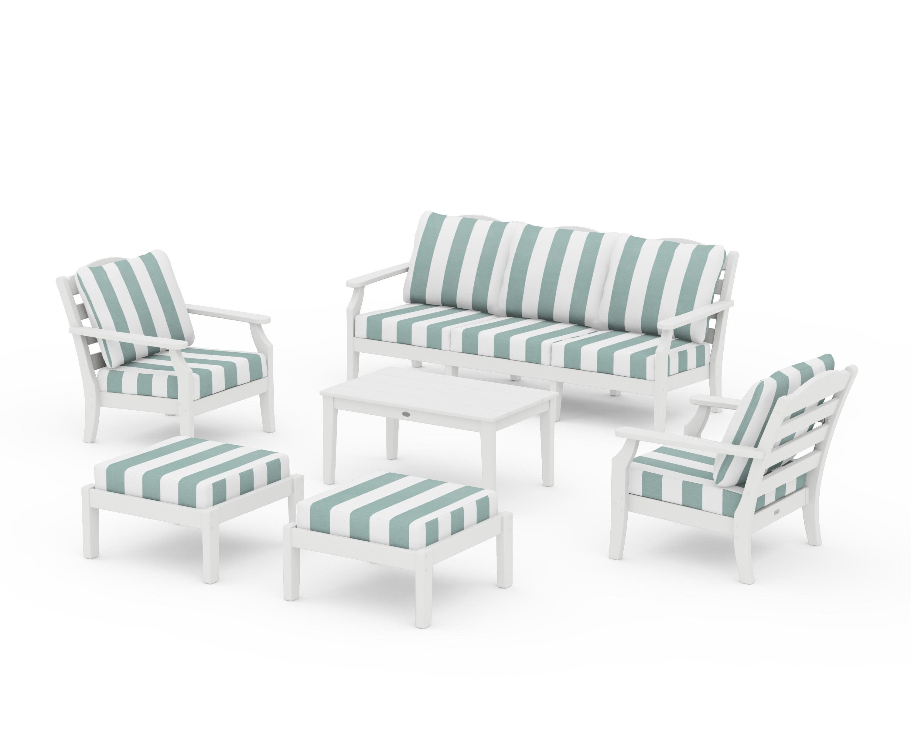 Savannah 6-Piece Lounge Sofa Set in Vintage White / Cabana Stripe Glacier Spa