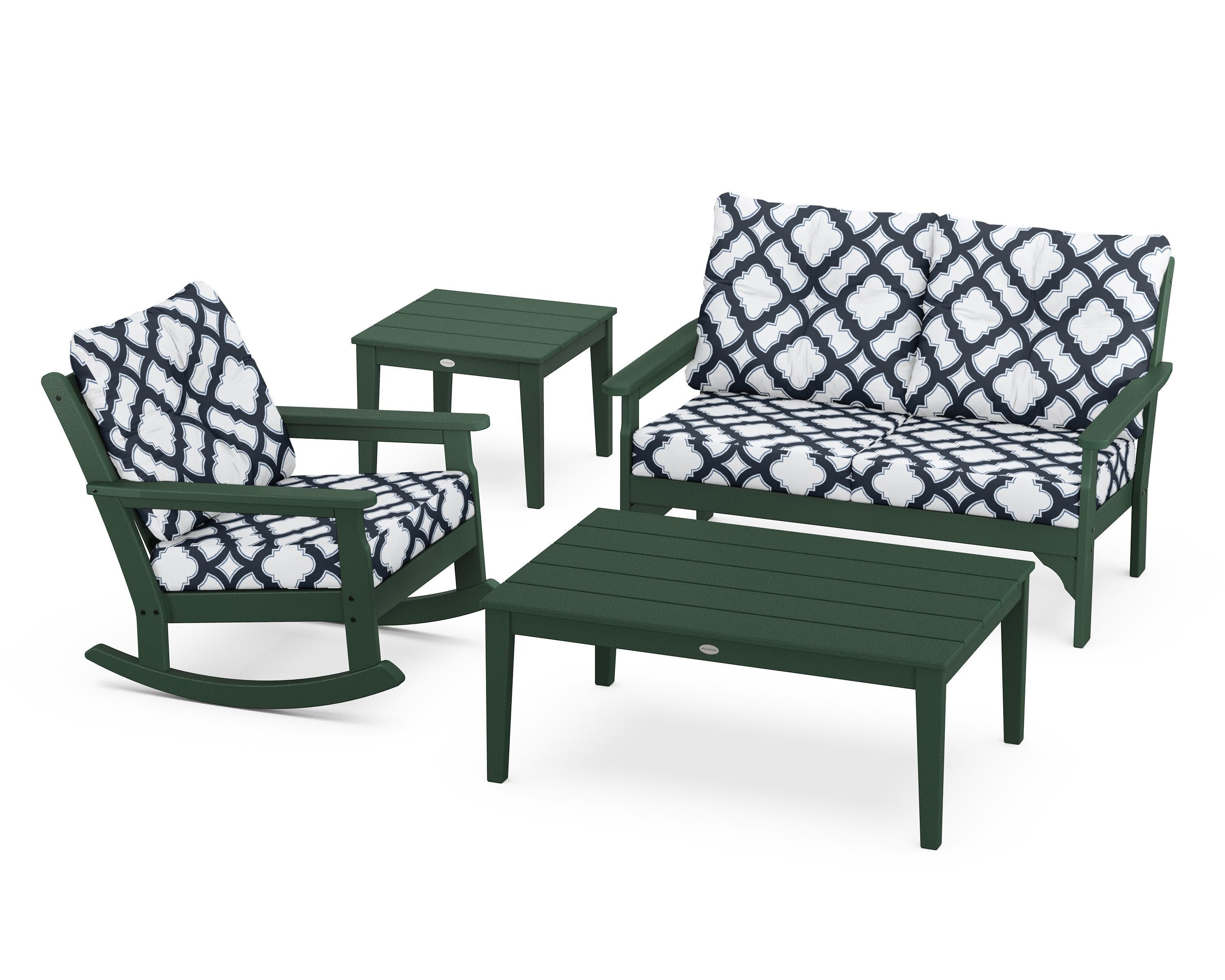 Vineyard 4-Piece Deep Seating Rocker Set in Green / Trellis Marine Indigo
