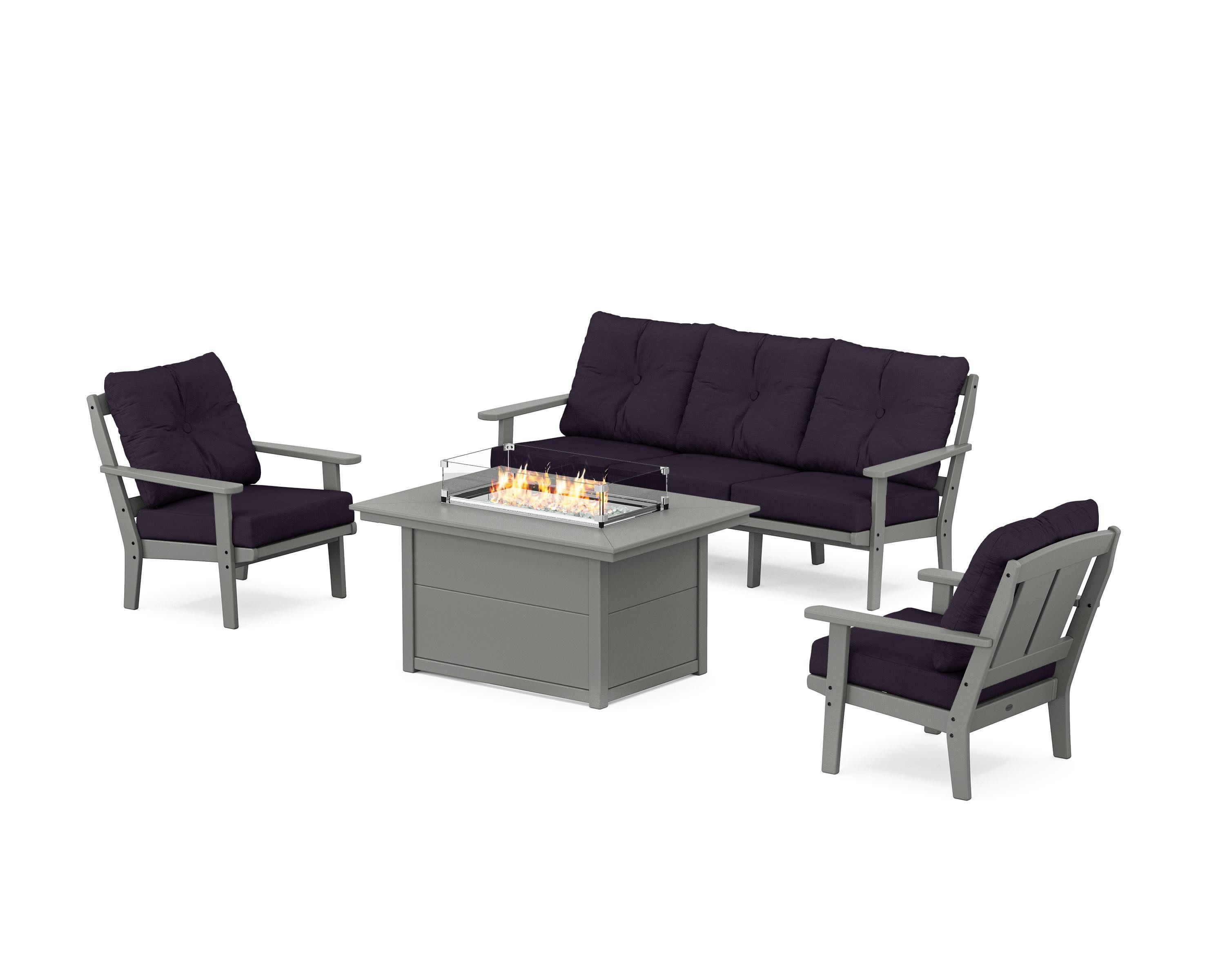 Mission Deep Seating Fire Pit Table Set in Slate Grey / Navy Linen